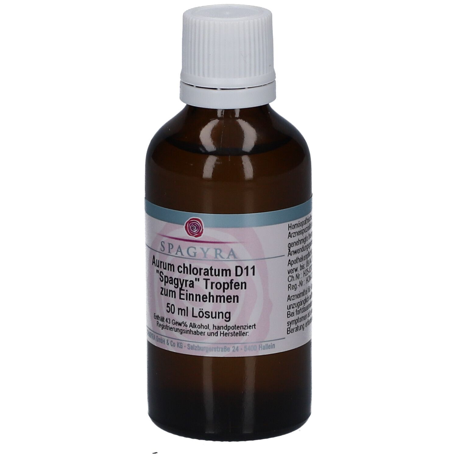 Braune Glasflasche mit weißem Schraubverschluss. Etikett mit Produktinformationen: SPAGYRA Aurum chloratum D11 Tropfen zum Einnehmen. 50 ml Lösung.
