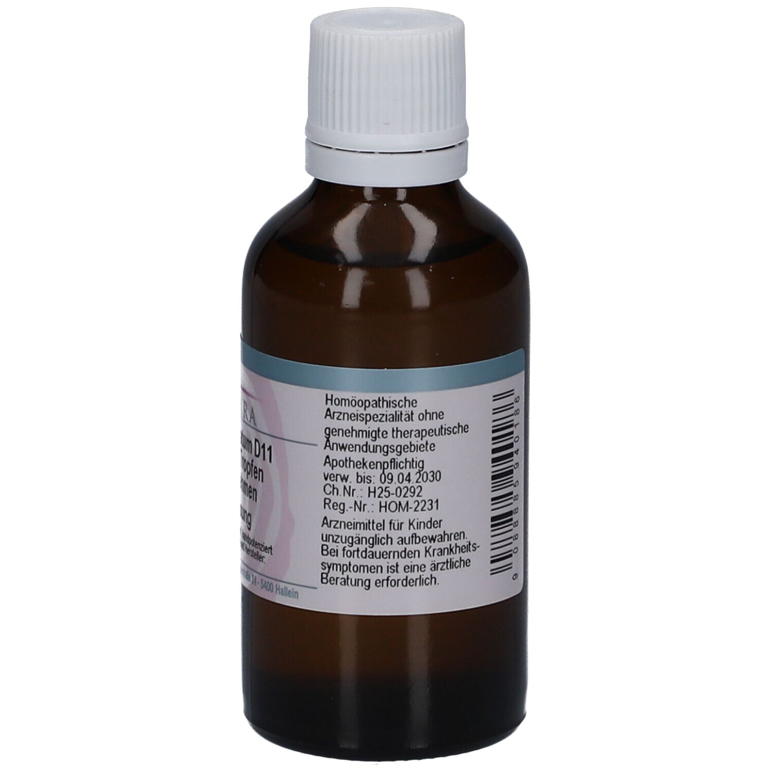 Braune Glasflasche mit weißem Schraubverschluss. Etikett mit Produktinformationen und Text in deutscher Sprache.