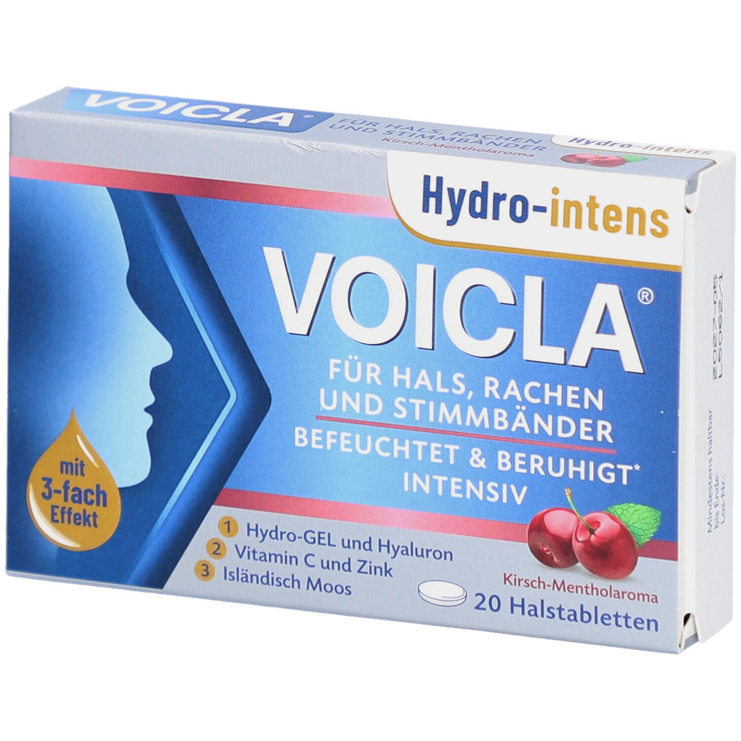 Schachtel mit VOICLA Hydro-intens Tabletten. Blaue und weiße Verpackung mit Produktnamen, Kirsch-Mentholaroma und 20 Halstabletten.
