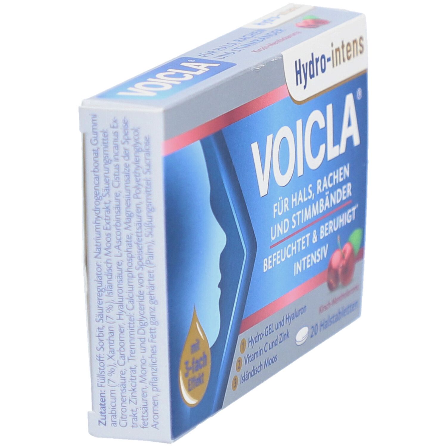 Schachtel VOICLA Hydro-intens Tabletten, schräg. Blaue und weiße Verpackung mit Produktnamen, Kirsch-Mentholaroma und 20 Halstabletten.
