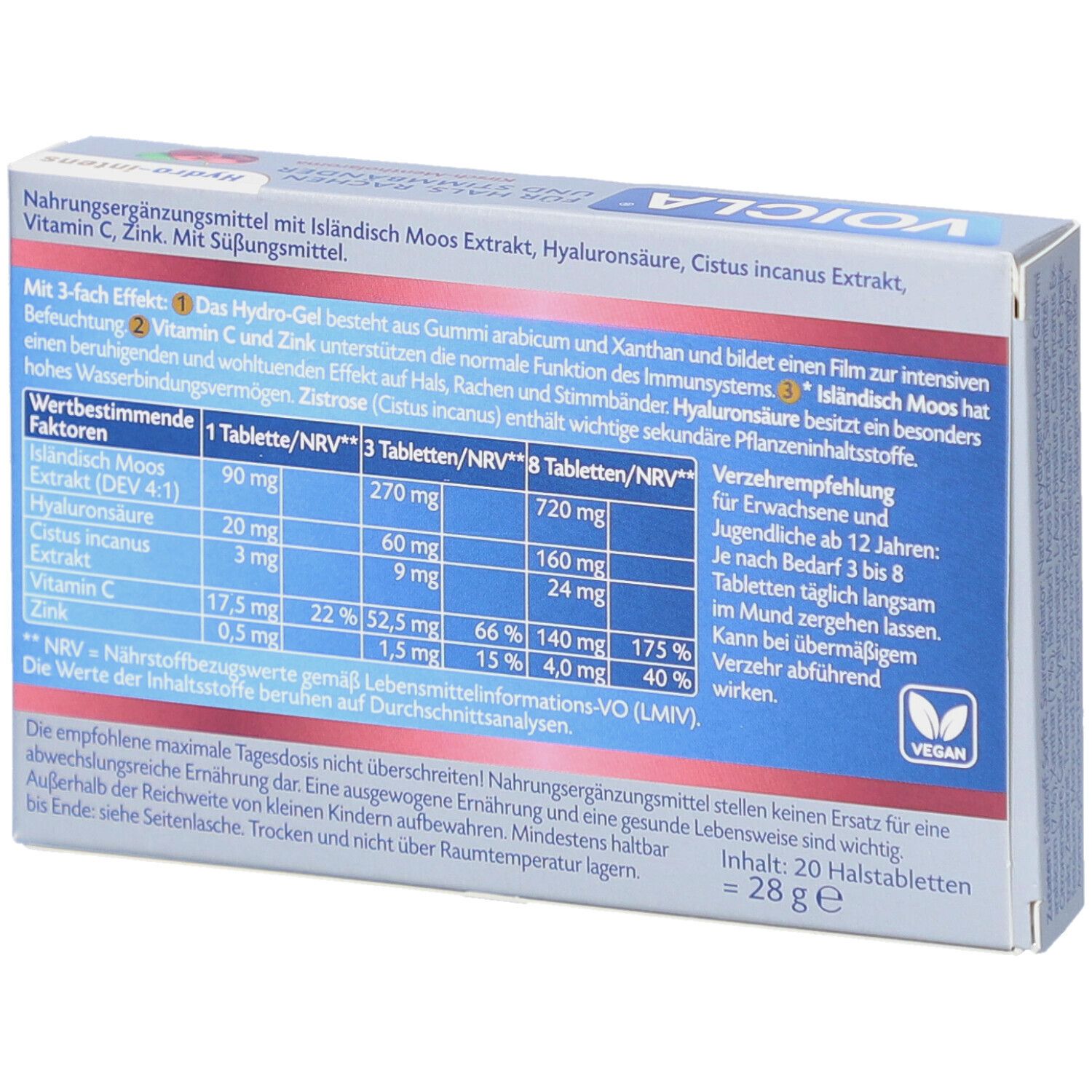 Rückseite der VOICLA Hydro-intens Tabletten-Schachtel. Enthält Informationen zu Inhaltsstoffen, Nährwerten und Verzehrempfehlung.