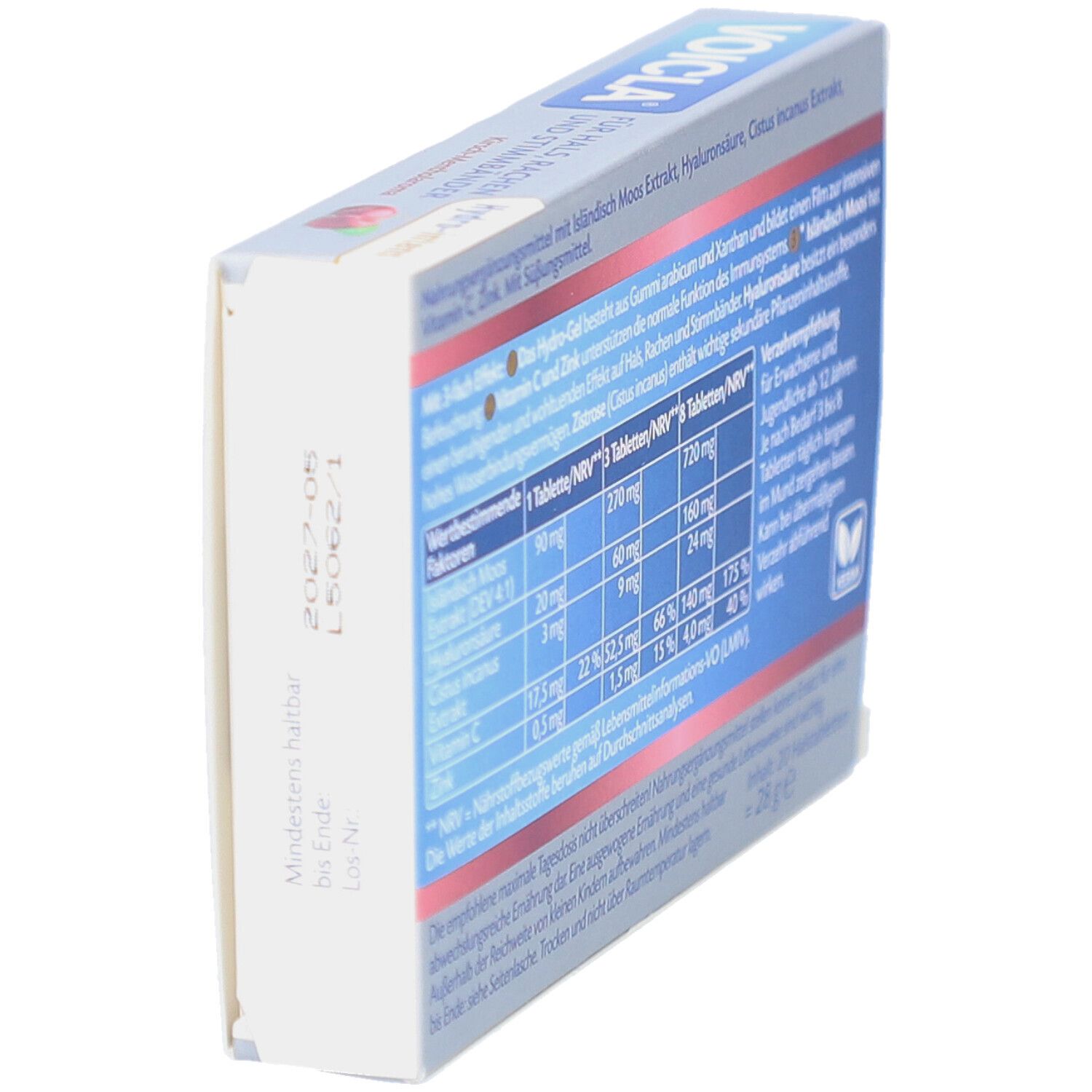 Schachtel VOICLA Hydro-intens Tabletten, schräg. Rückseite mit Informationen zu Inhaltsstoffen, Nährwerten und Verzehrempfehlung.