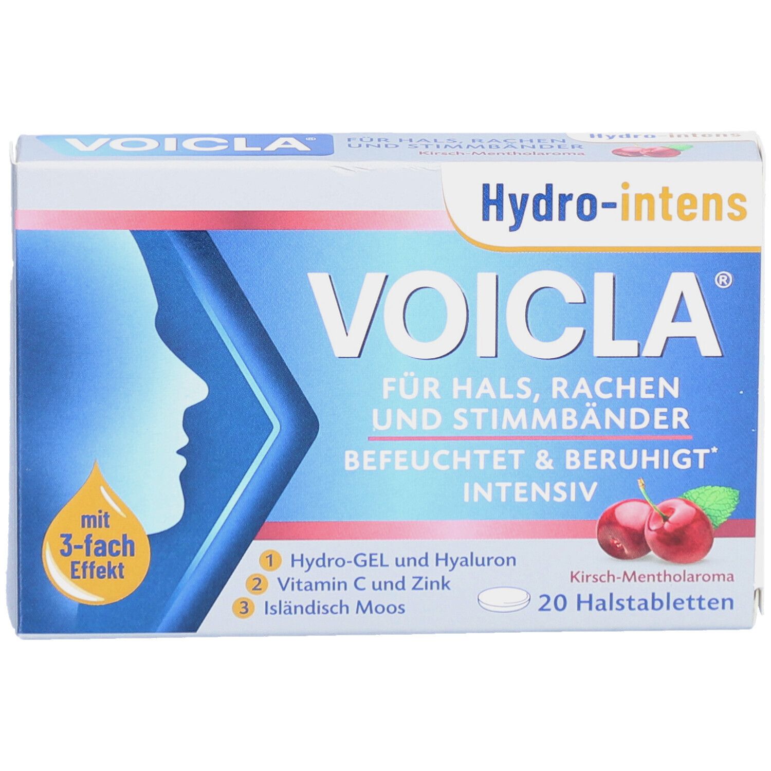 VOICLA Hydro-intens Tabletten-Schachtel. Blaue und weiße Verpackung mit Produktnamen, Kirsch-Mentholaroma und 20 Halstabletten.