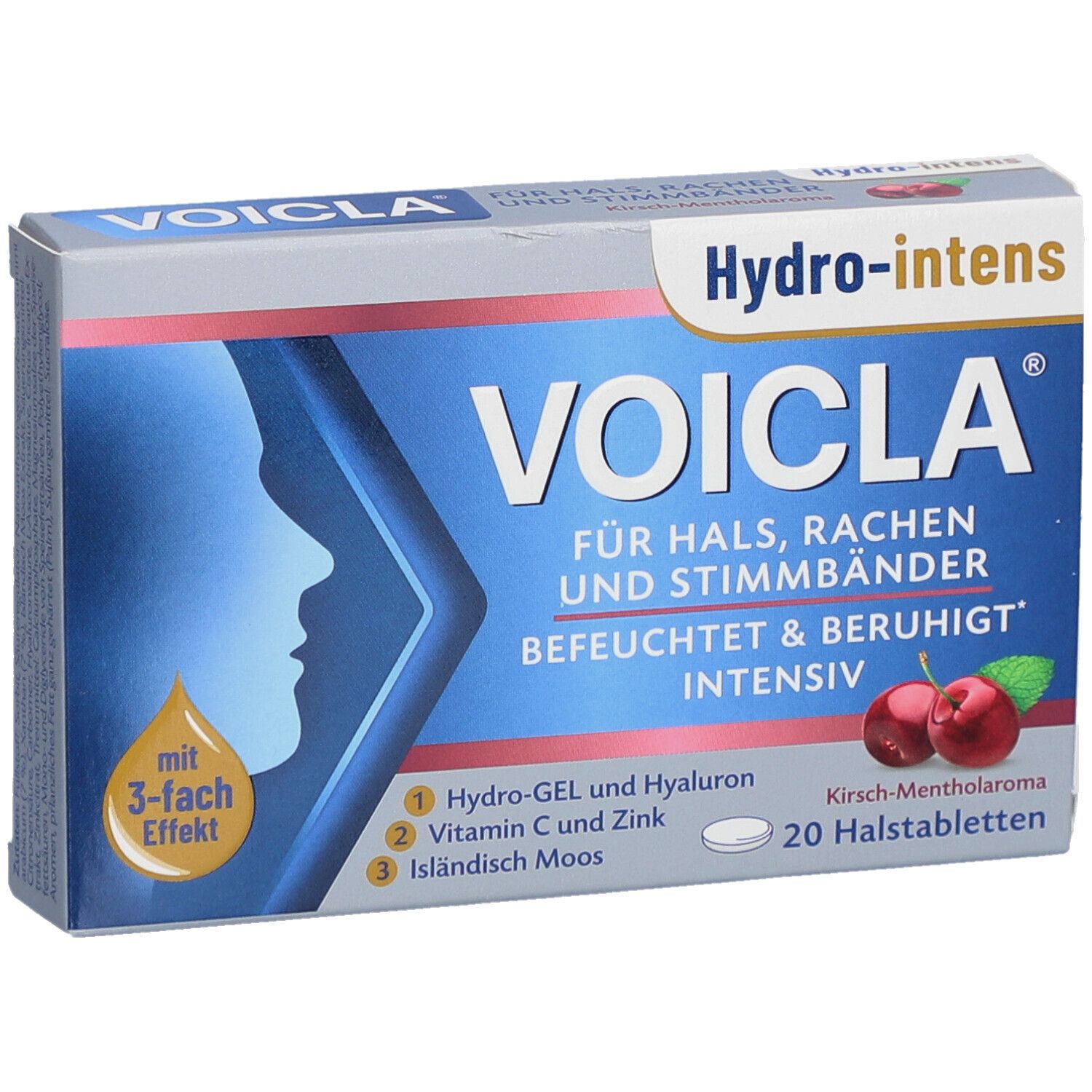 VOICLA Hydro-intens Tabletten-Schachtel. Blaue und weiße Verpackung mit Produktnamen, Kirsch-Mentholaroma und 20 Halstabletten.