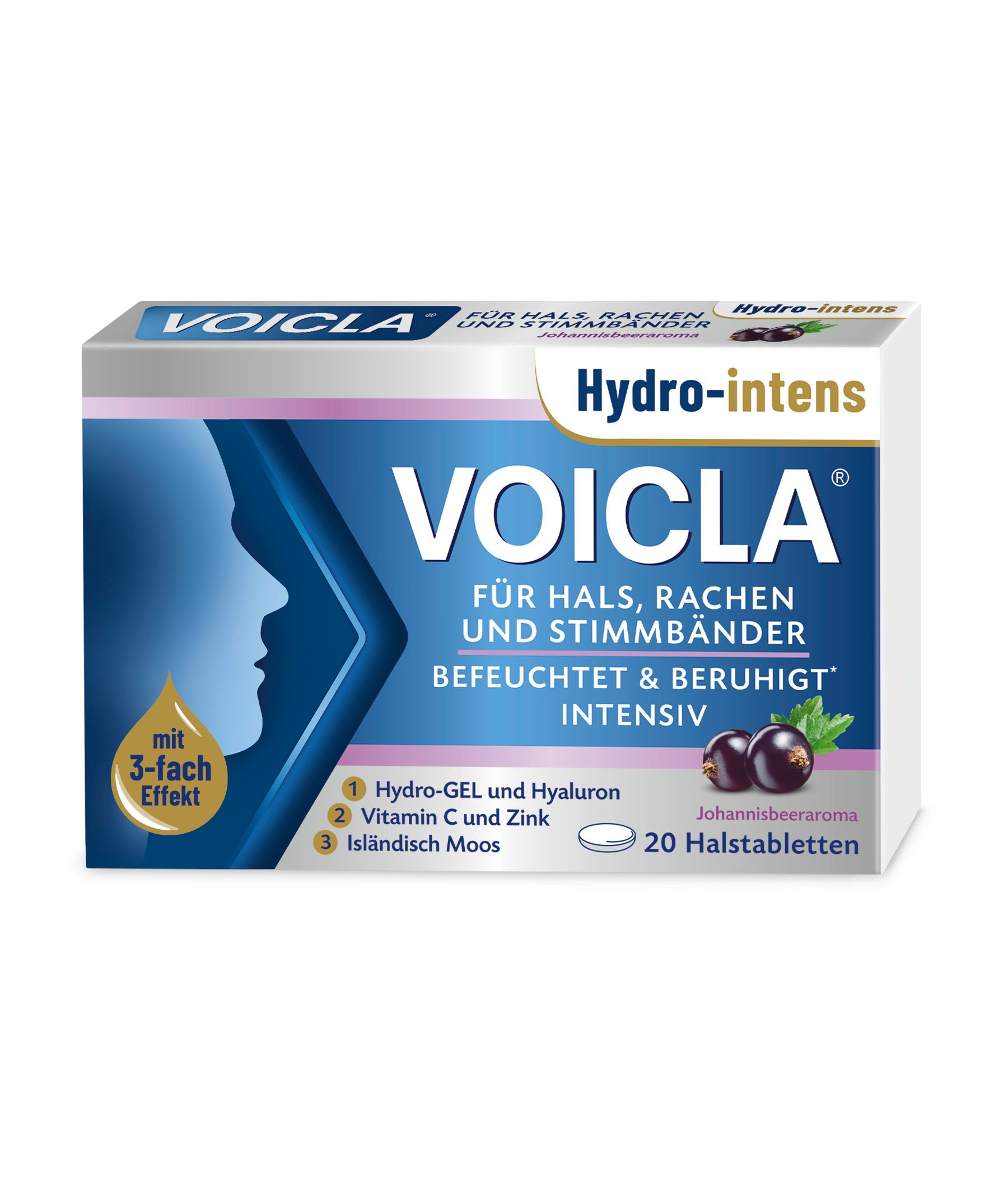 Verpackung von Voicla Hydro-intens Halstabletten. Enthält 20 Tabletten. Aufdruck: Hydro-intens, Johannisbeere, Vitamin C, Zink & Moos.