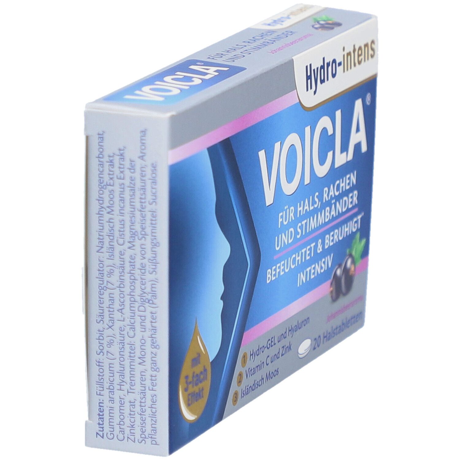 Schachtel Voicla Hydro-intens. Blaue Verpackung mit Produktnamen und Inhaltsstoffen. 20 Halstabletten. Ansicht von oben.