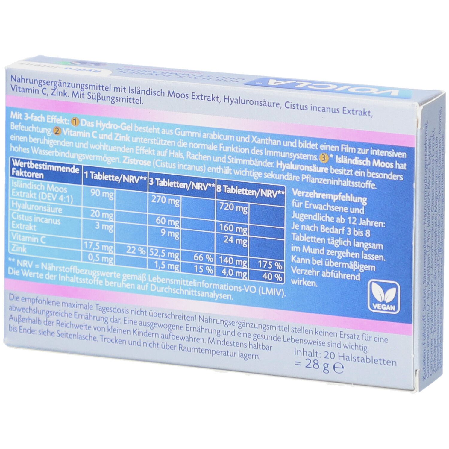 Rückseite der Schachtel Voicla Hydro-intens. Informationen zu Inhaltsstoffen, Dosierung und Nährwerten. Vegan-Logo.