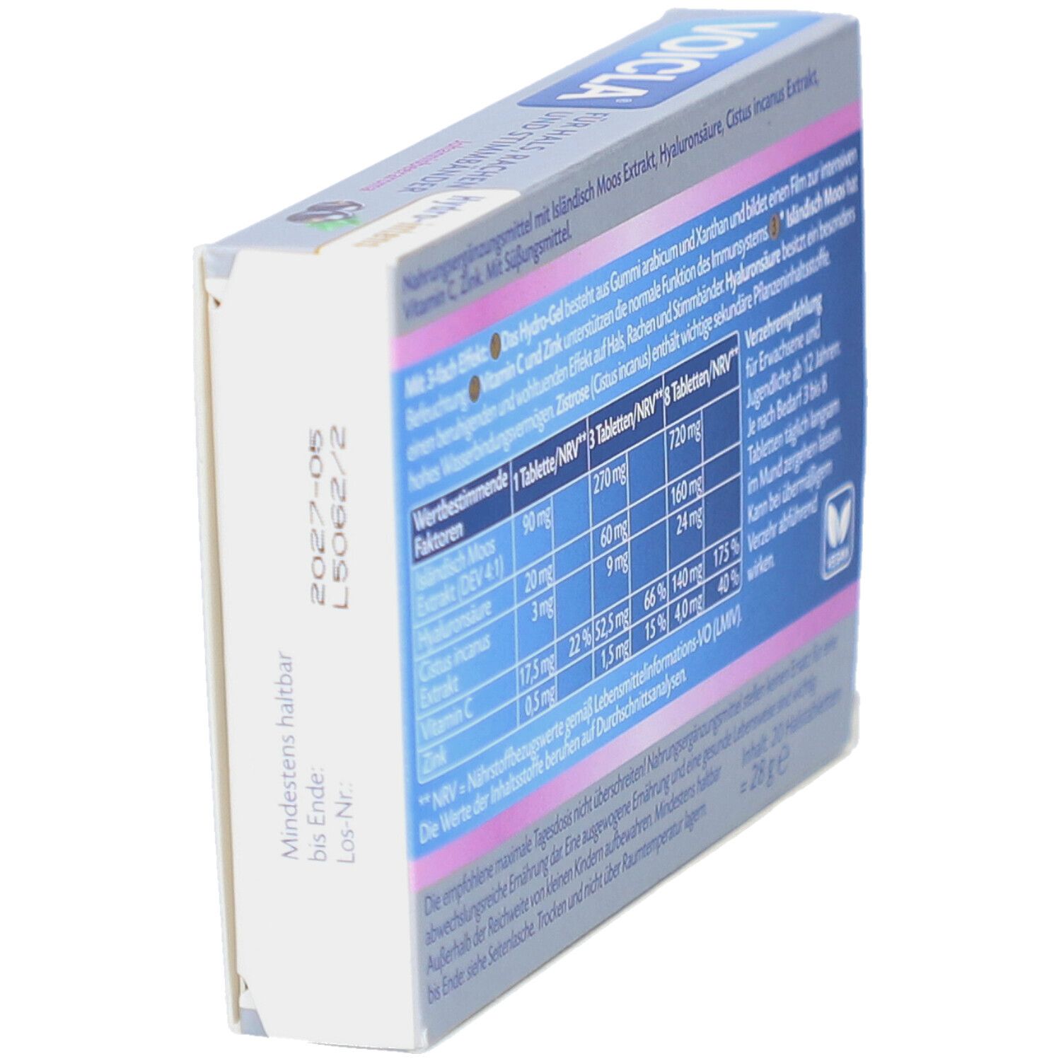 Seitenansicht der Schachtel Voicla Hydro-intens. Informationen zu Inhaltsstoffen, Dosierung und Haltbarkeit. Vegan-Logo.