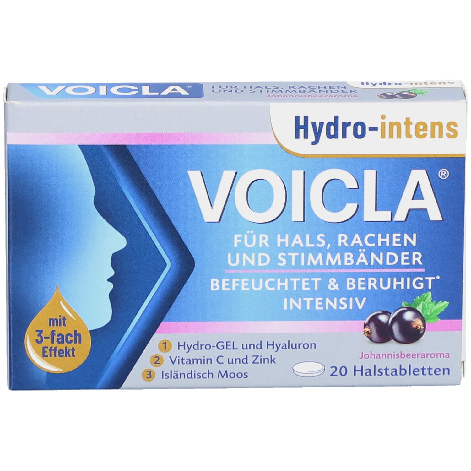 Schachtel Voicla Hydro-intens. Blaue und weiße Verpackung mit Produktnamen und Illustration. 20 Halstabletten.