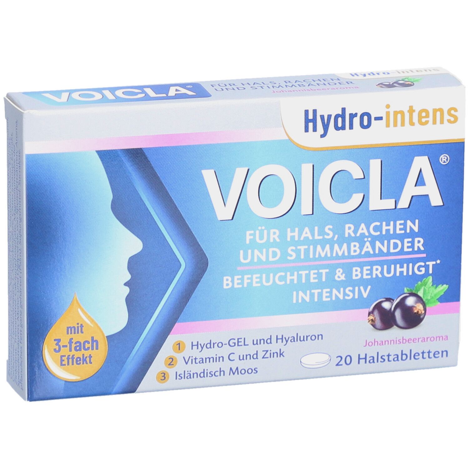 Schachtel Voicla Hydro-intens. Blaue und weiße Verpackung mit Produktnamen und Illustration. 20 Halstabletten.