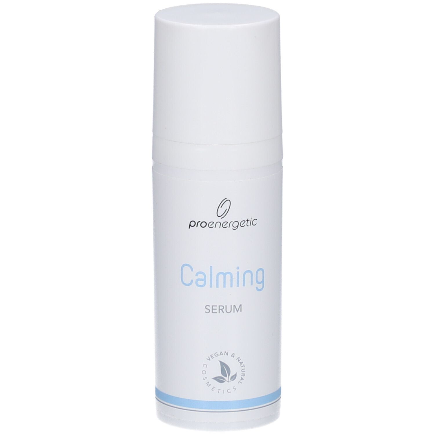 Weiße Serumflasche mit blauem Streifen. Aufschrift: proenergetic, Calming Serum. Vegan & Natural Cosmetics.