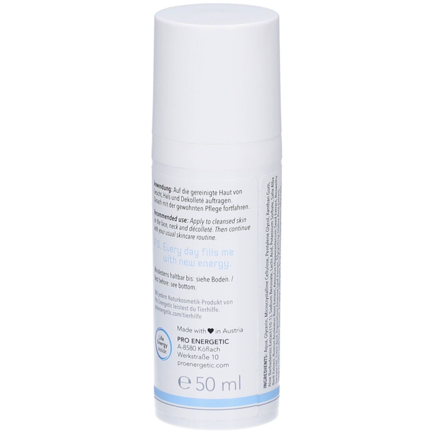 Weiße Serumflasche. Aufschrift: Anwendung, Empfehlung, e 50 ml. Hergestellt in Österreich. Blauer Streifen.