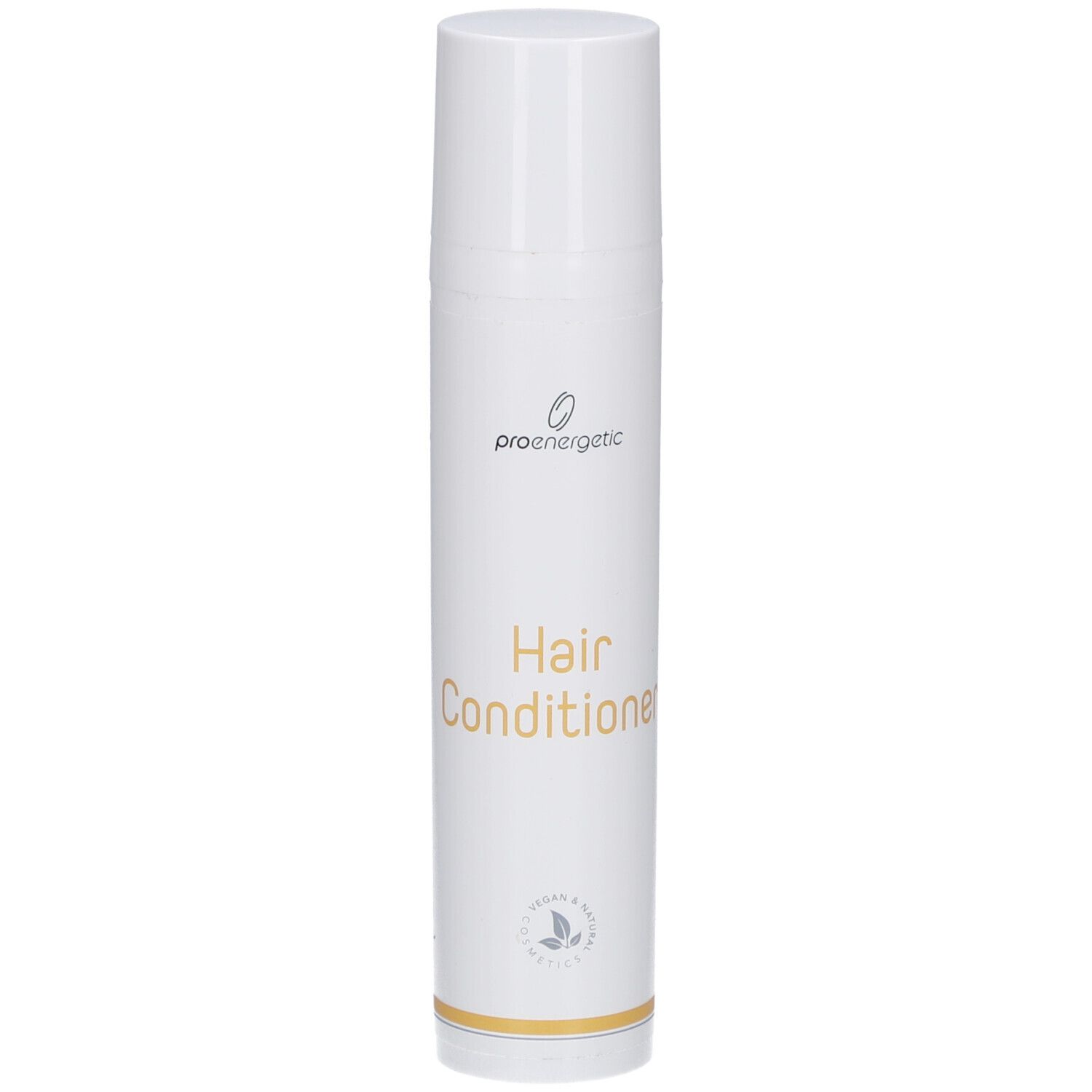 Weiße zylindrische Flasche mit Deckel. Aufschrift: proenergetic, Hair Conditioner. Logo und Zertifizierung.
