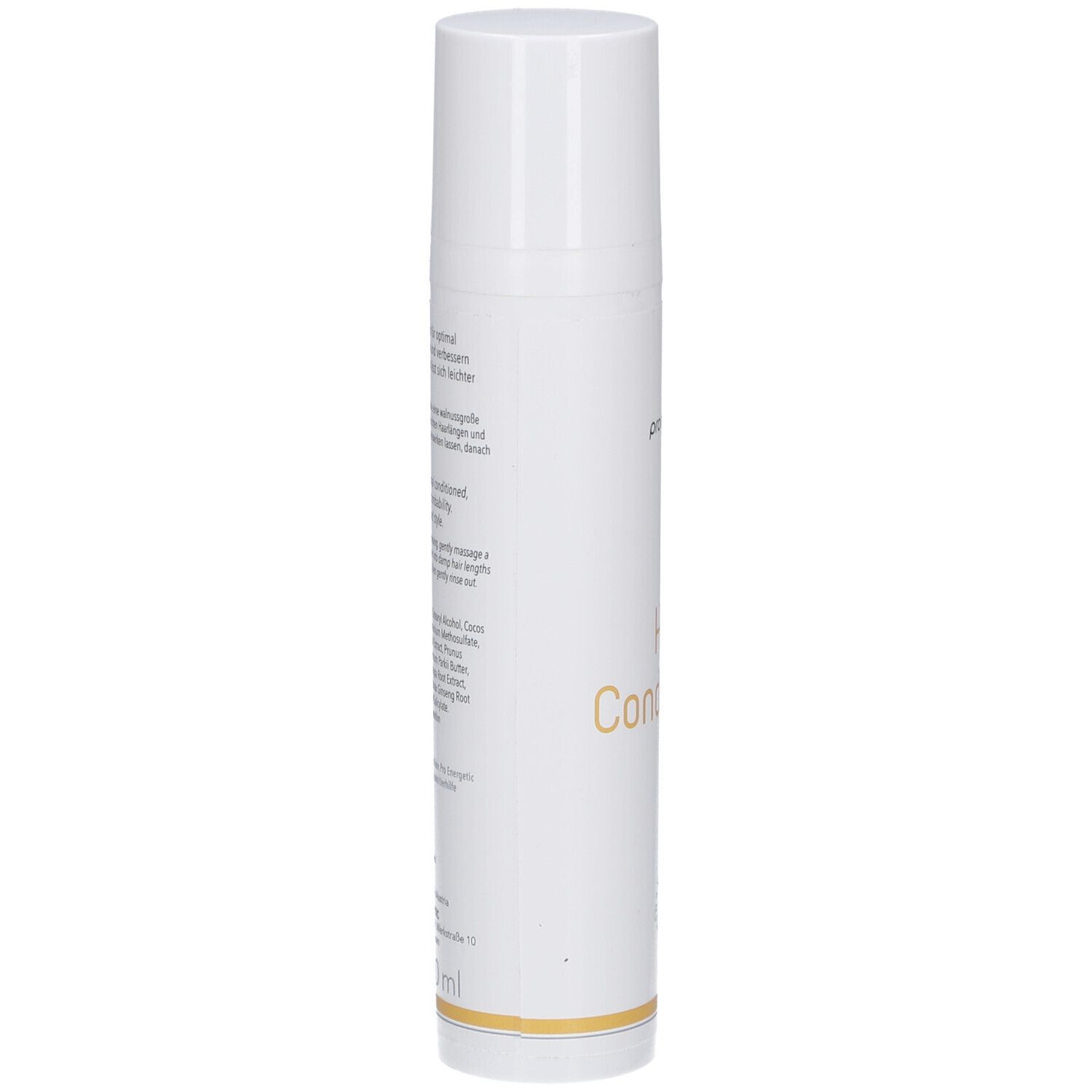 Weiße zylindrische Flasche. Text auf der Seite. Logo und Zertifizierung. Goldfarbener Streifen am Boden.