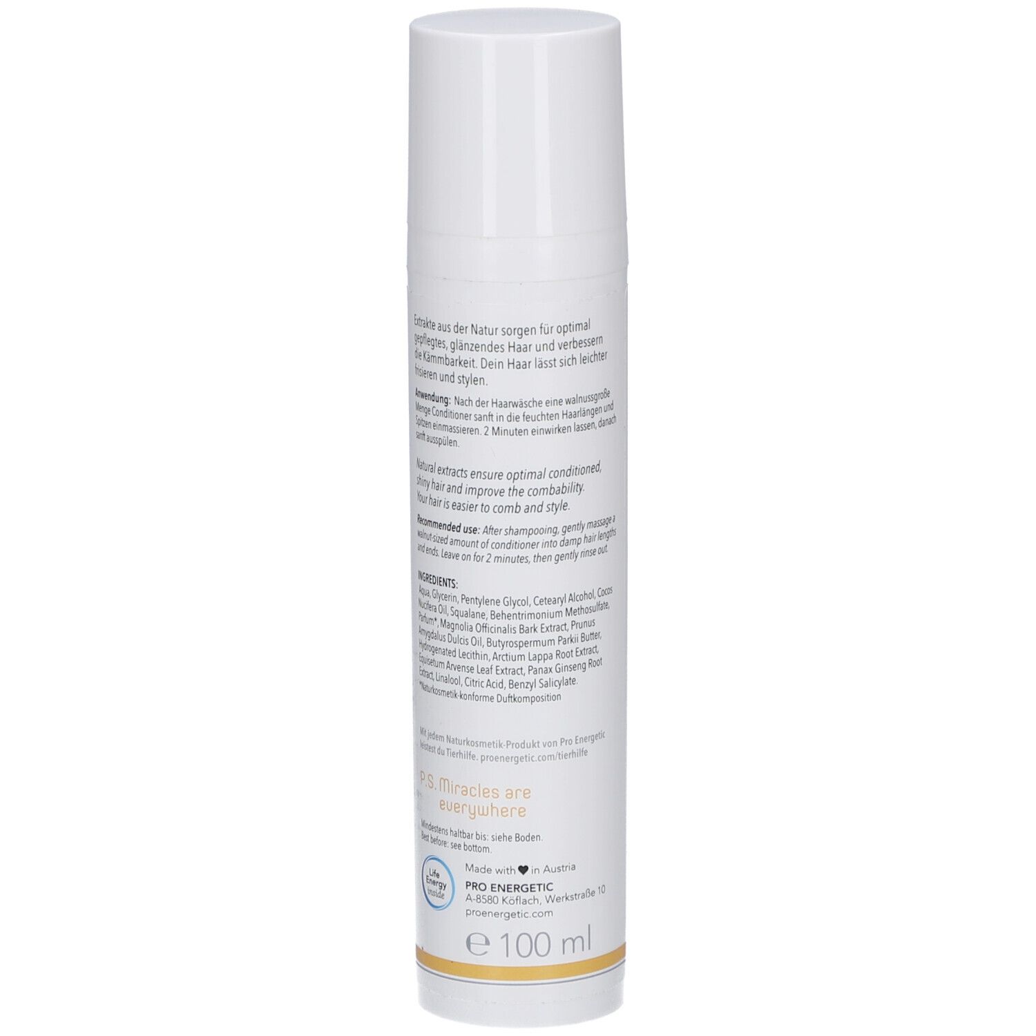 Weiße zylindrische Flasche mit Text. Aufschrift: proenergetic, e 100 ml. Logo und Zertifizierung. Goldfarbener Streifen.