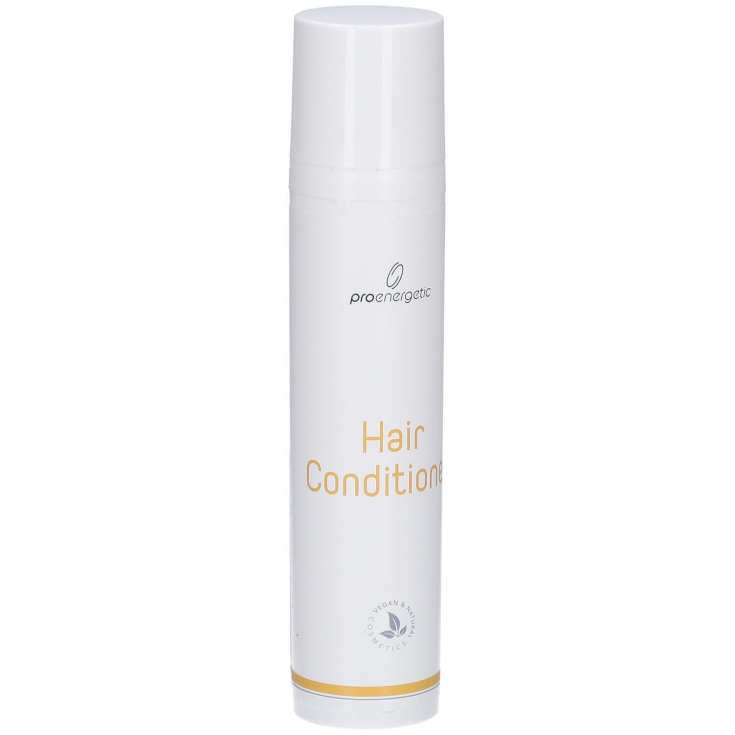 Weiße zylindrische Flasche mit Deckel. Aufschrift: proenergetic, Hair Conditioner. Logo und Zertifizierung.