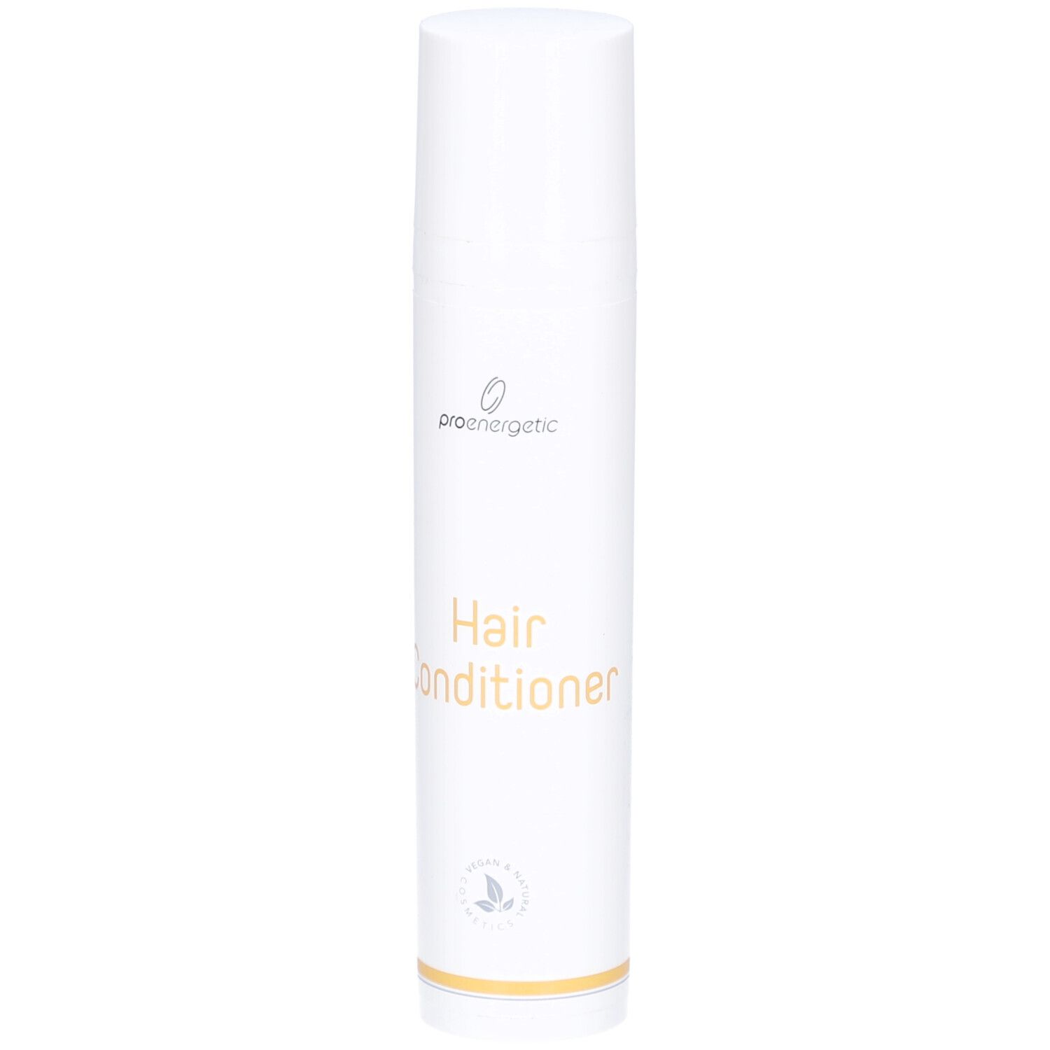Weiße zylindrische Flasche mit Deckel. Aufschrift: proenergetic, Hair Conditioner. Logo und Zertifizierung.