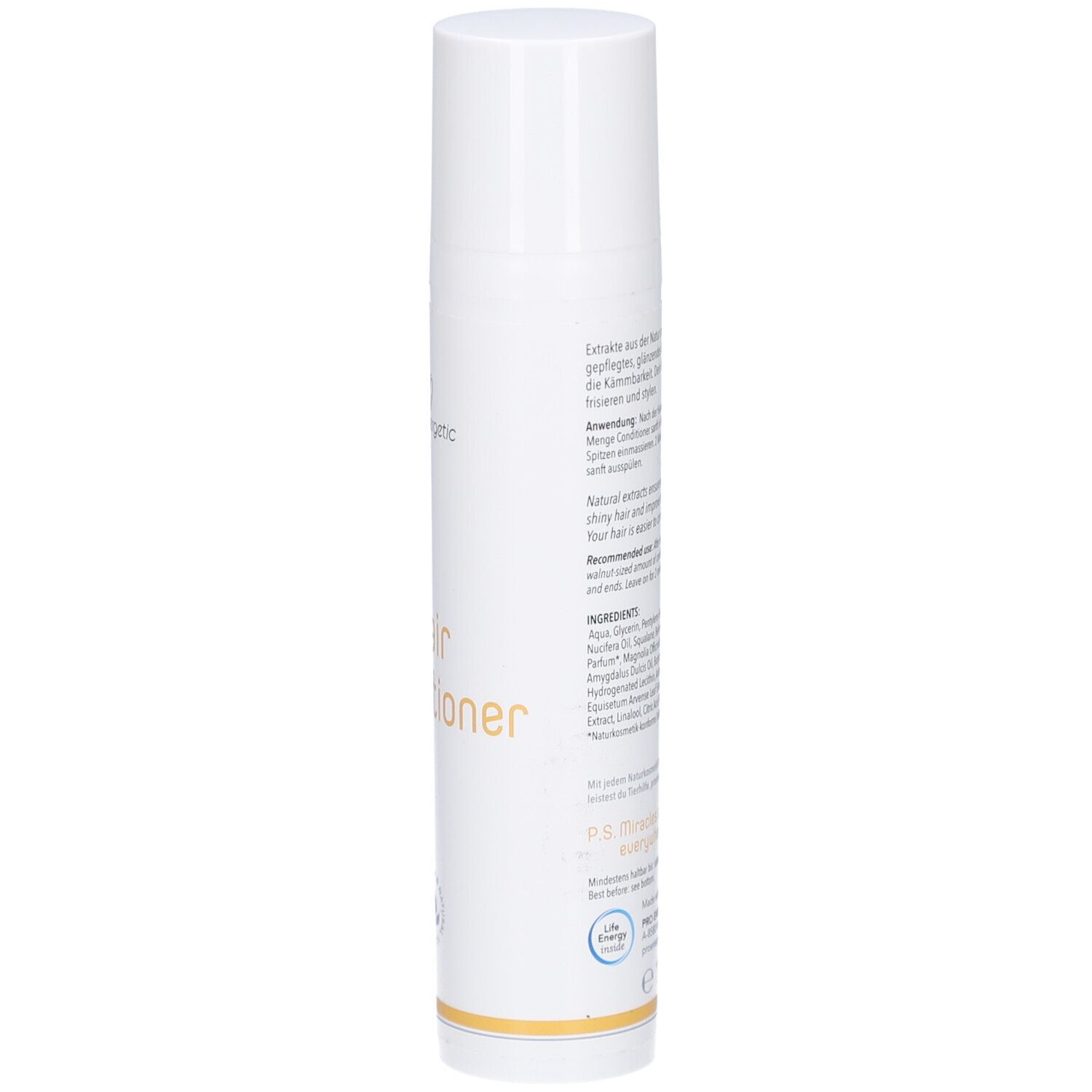 Weiße zylindrische Flasche mit Text. Aufschrift: proenergetic, Hair Conditioner. Logo und Zertifizierung. Goldfarbener Streifen.