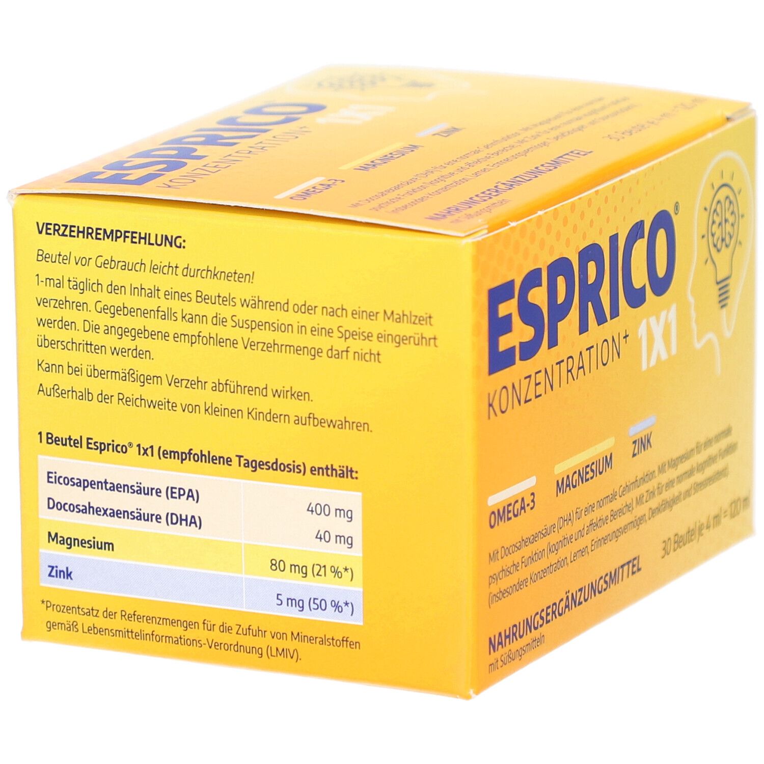Gelbe Schachtel mit ESPRICO KONZENTRATION+ 1X1. Enthält Informationen zu Inhaltsstoffen und Dosierung. 30 Beutel à 4 ml.