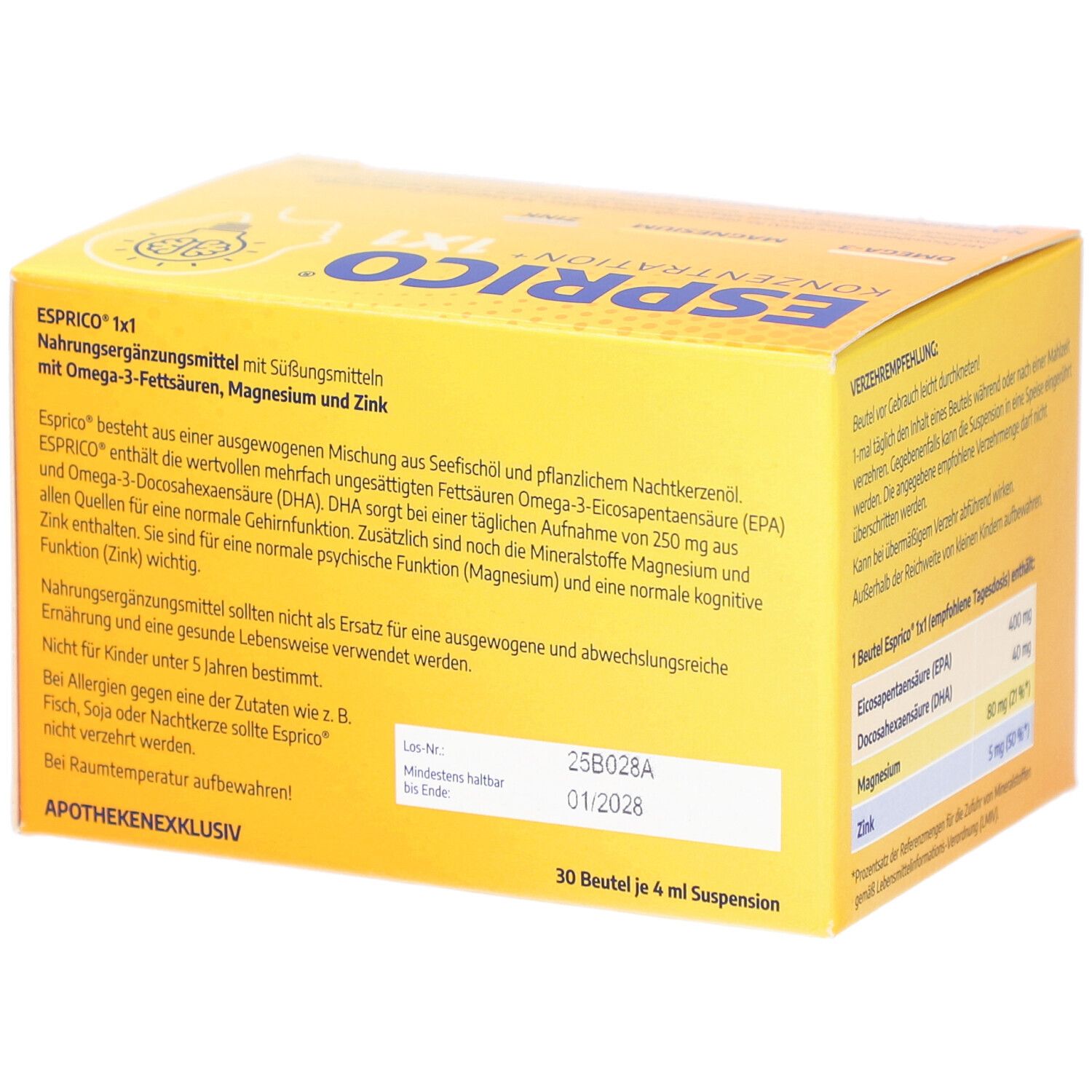 Gelbe Schachtel ESPRICO KONZENTRATION+ 1X1. Enthält Informationen zu Inhaltsstoffen und Warnhinweisen. 30 Beutel à 4 ml.