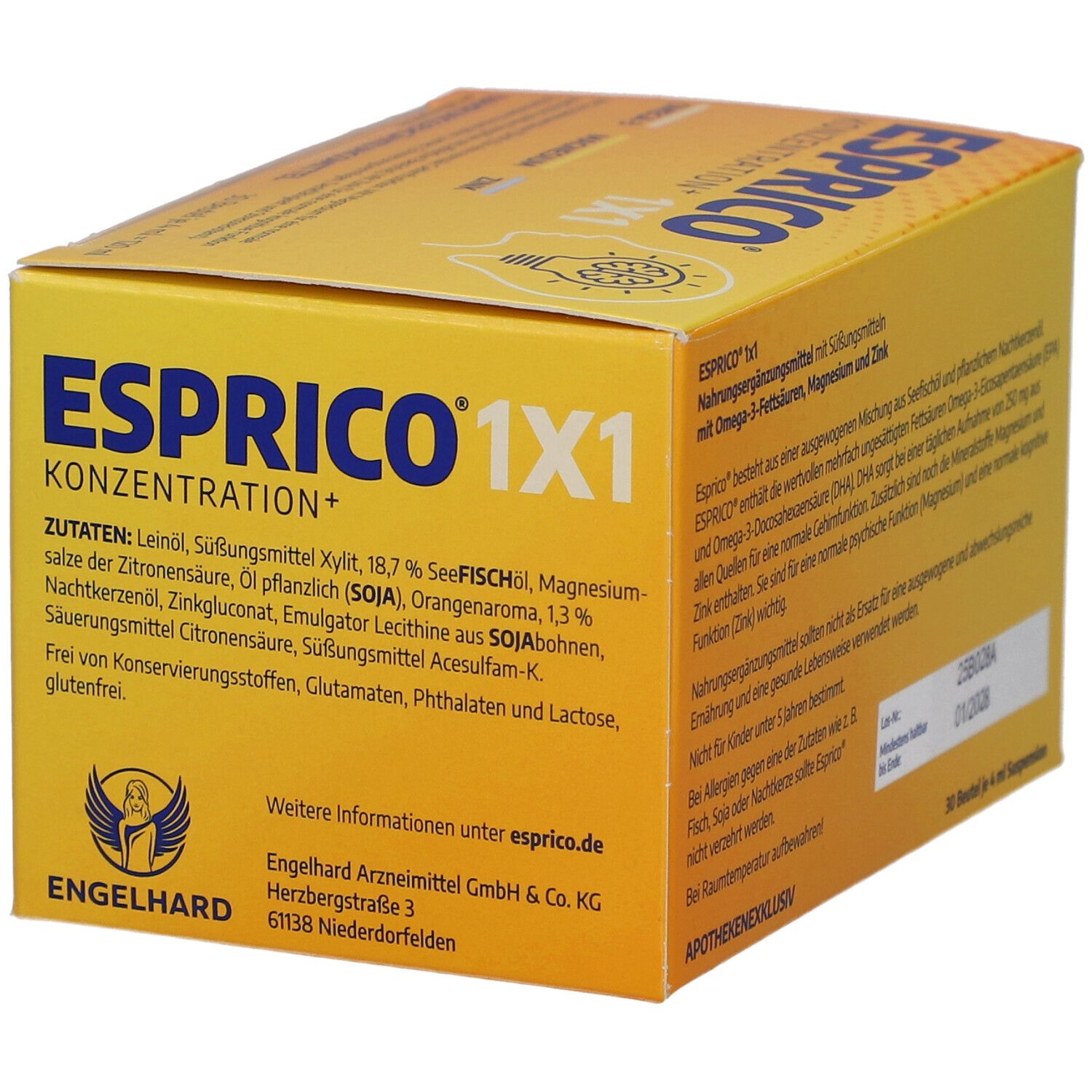 Gelbe Schachtel ESPRICO KONZENTRATION+ 1X1. Enthält Zutatenliste und Herstellerinformationen. 30 Beutel à 4 ml.