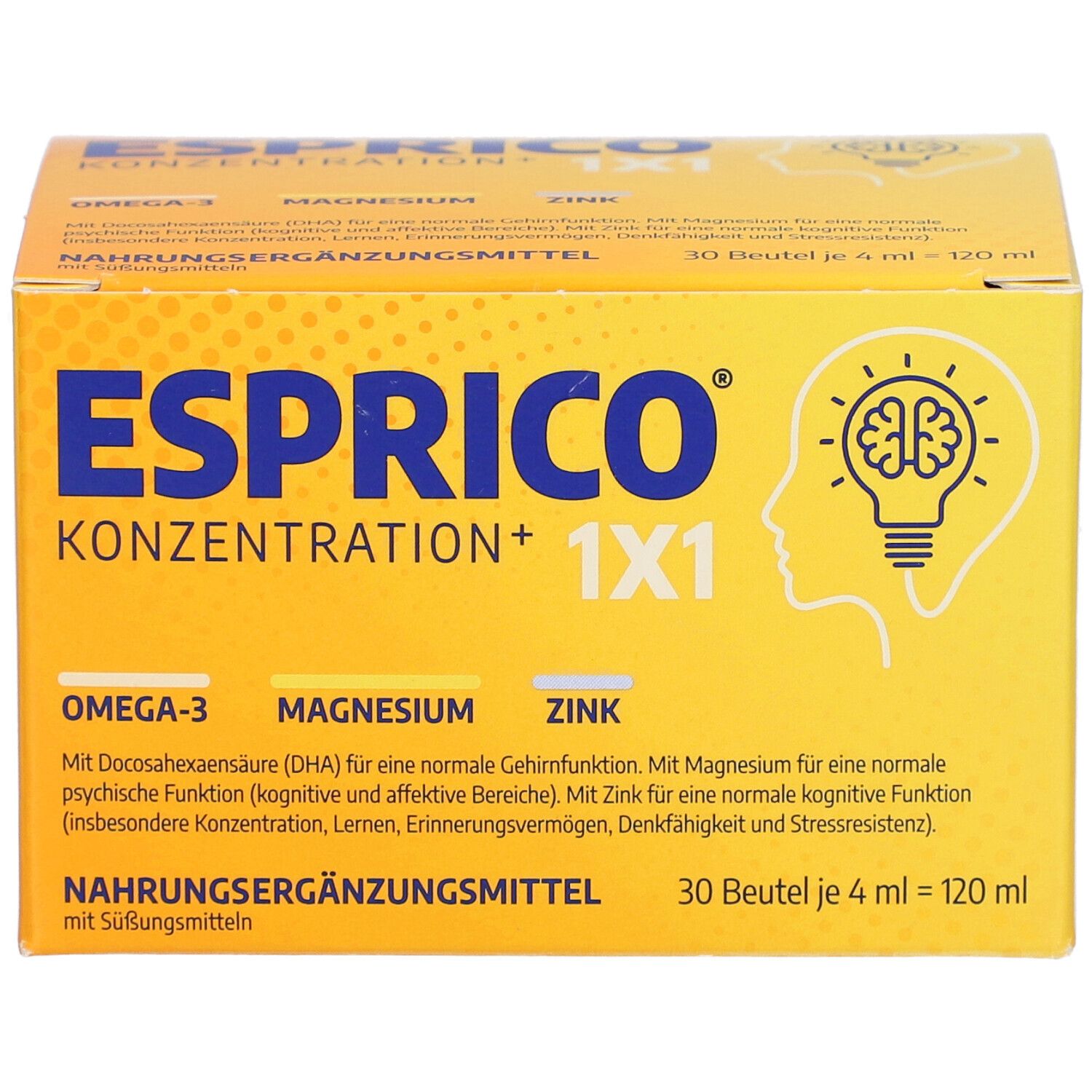 Gelbe Schachtel ESPRICO KONZENTRATION+ 1X1. Enthält Omega-3, Magnesium und Zink. 30 Beutel à 4 ml.