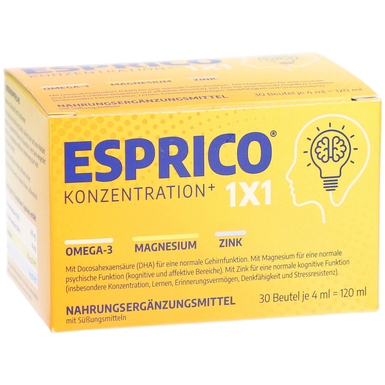 Gelbe Schachtel ESPRICO KONZENTRATION+ 1X1. Enthält Omega-3, Magnesium und Zink. 30 Beutel à 4 ml.