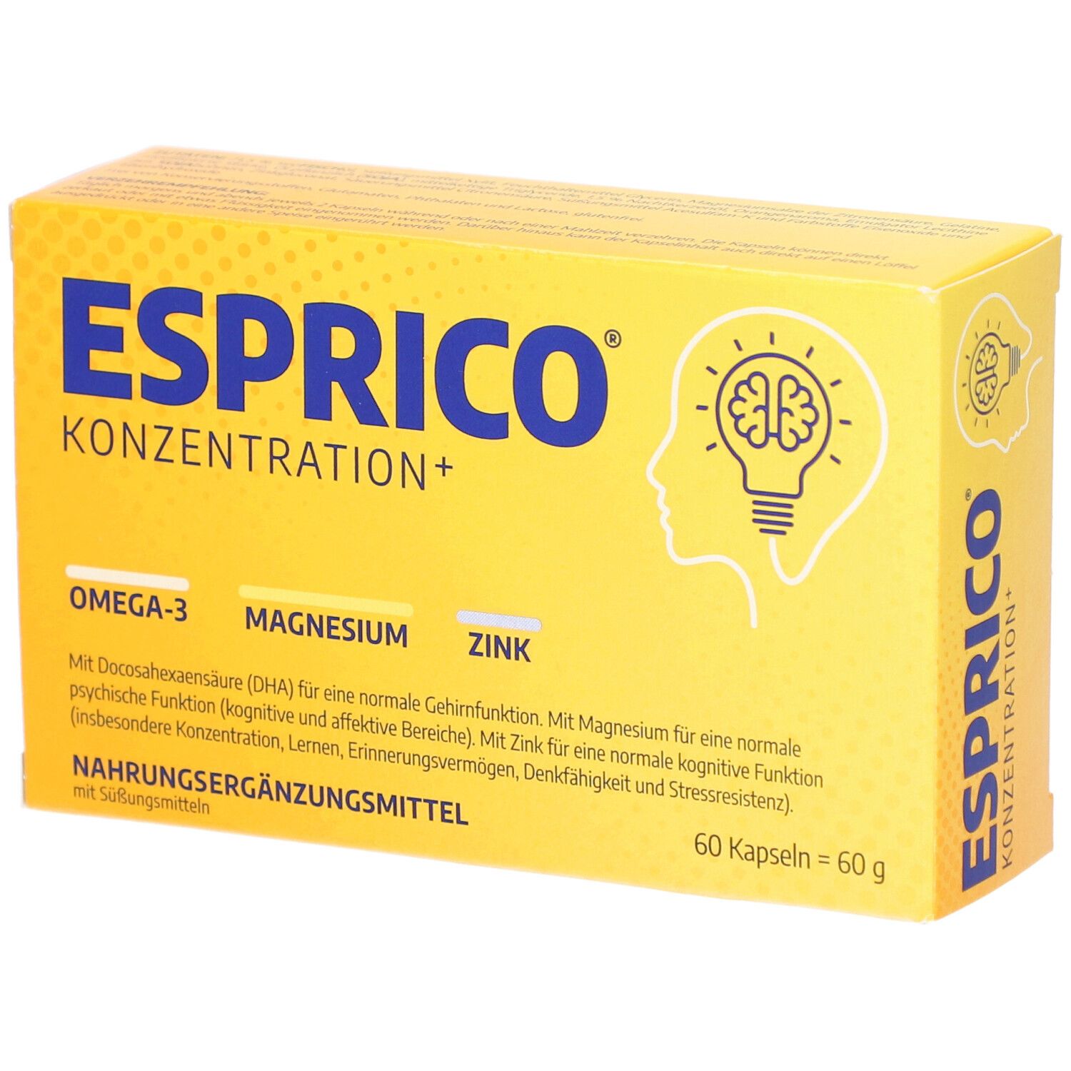 Gelbe Schachtel mit ESPRICO KONZENTRATION+. Enthält Omega-3, Magnesium, Zink. 60 Kapseln. Aufdruck mit Gehirn-Illustration.