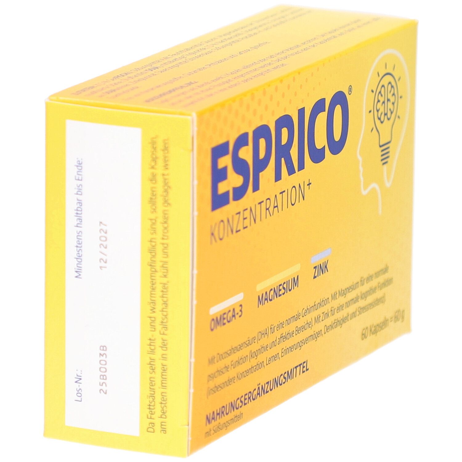 Gelbe Schachtel ESPRICO KONZENTRATION+. Enthält Omega-3, Magnesium, Zink. Aufdruck mit Gehirn-Illustration. 12/2027 Haltbarkeit.