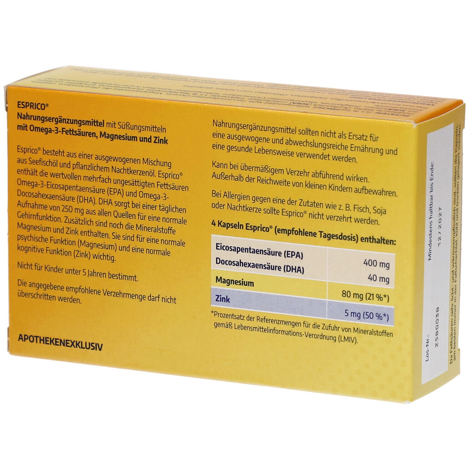 Rückseite der gelben ESPRICO-Schachtel. Enthält Informationen zu Inhaltsstoffen wie EPA, DHA, Magnesium und Zink.