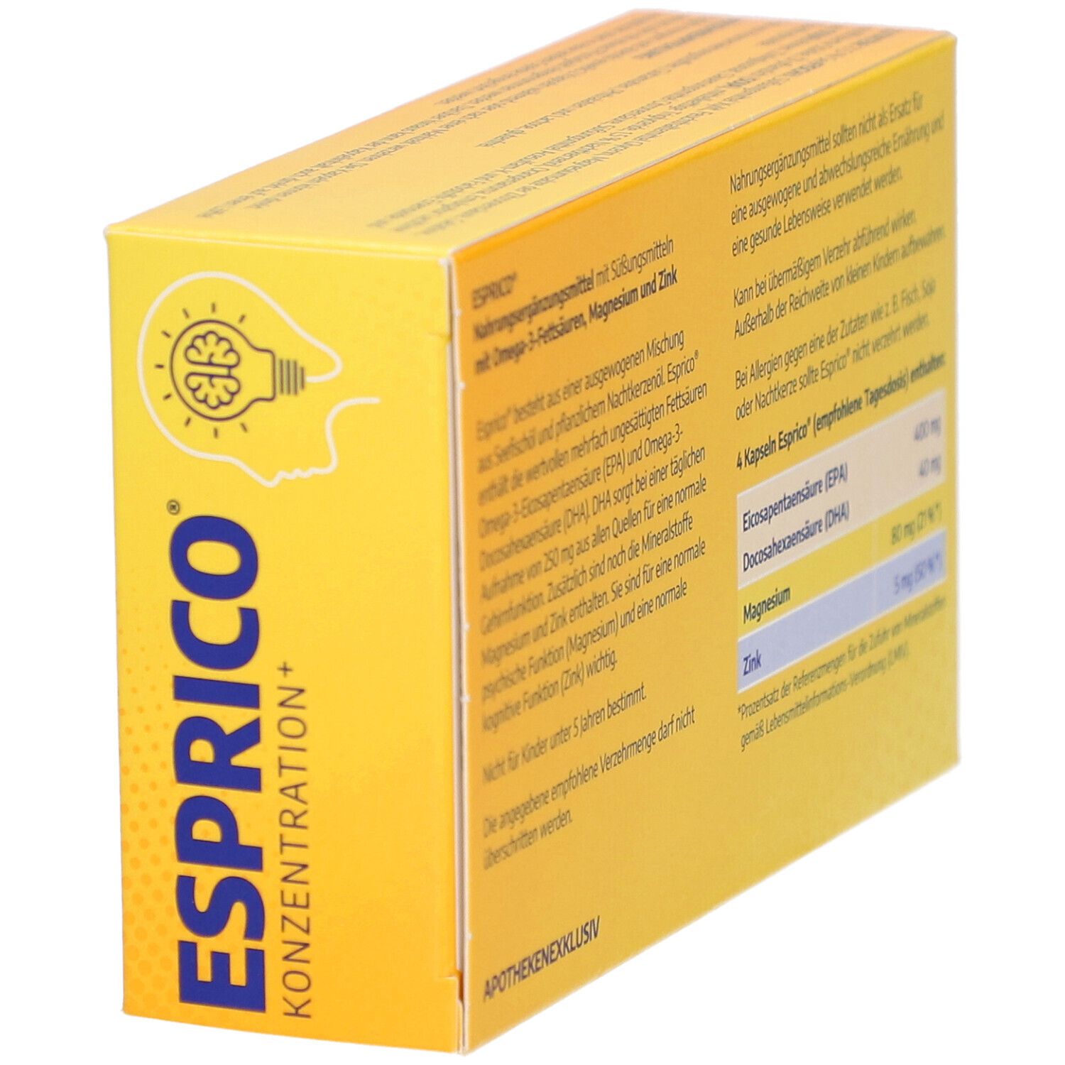 Gelbe Schachtel ESPRICO KONZENTRATION+ mit Gehirn-Illustration. Enthält Omega-3, Magnesium, Zink. Apothekenexklusiv.