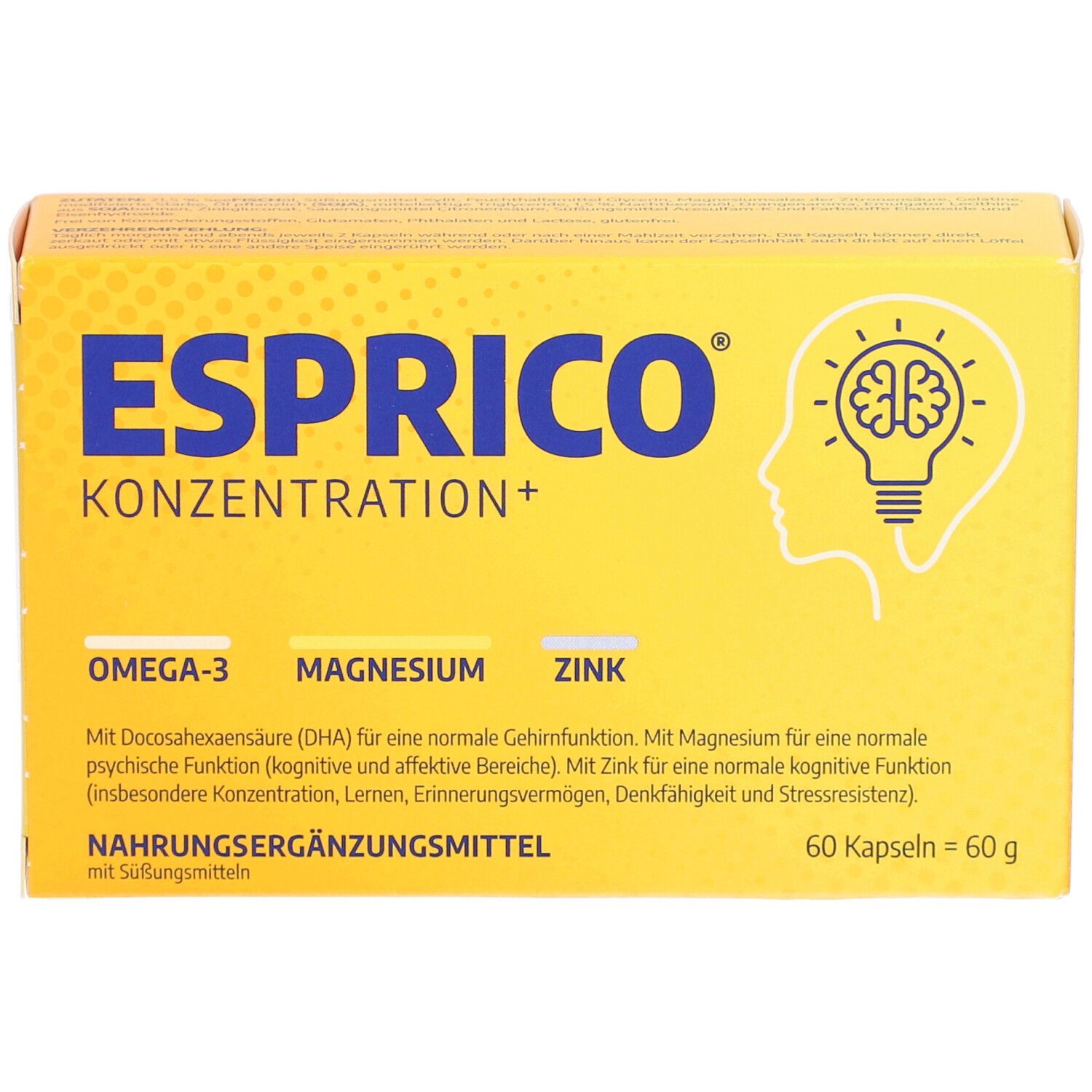 Gelbe Schachtel ESPRICO KONZENTRATION+. Enthält Omega-3, Magnesium, Zink. 60 Kapseln = 60 g. Aufdruck mit Gehirn-Illustration.