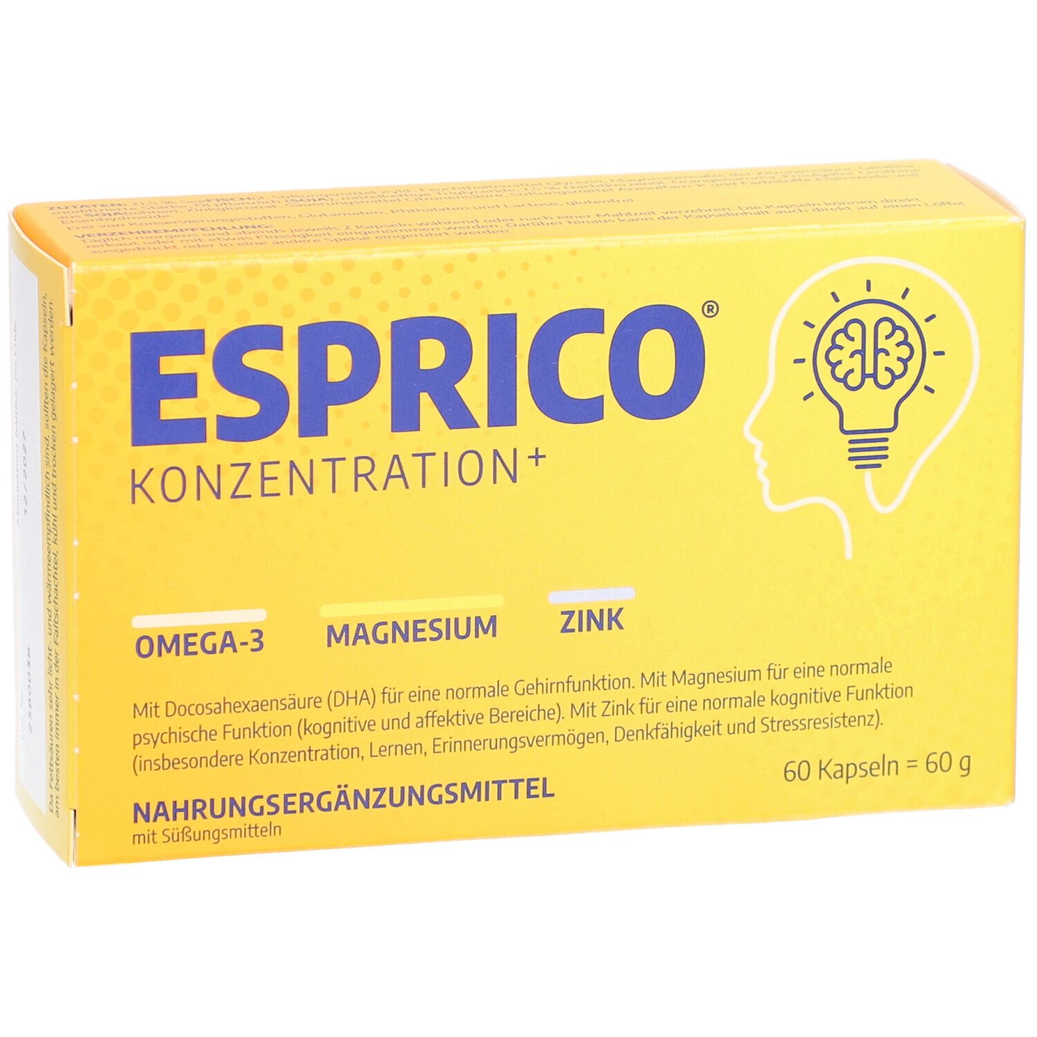Gelbe Schachtel ESPRICO KONZENTRATION+. Enthält Omega-3, Magnesium, Zink. 60 Kapseln = 60 g. Aufdruck mit Gehirn-Illustration.