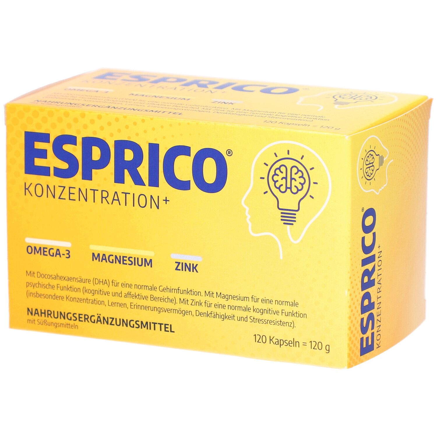 Gelbe Schachtel mit ESPRICO KONZENTRATION+. Enthält Omega-3, Magnesium, Zink. 120 Kapseln. Illustration einer Glühbirne mit Gehirn.