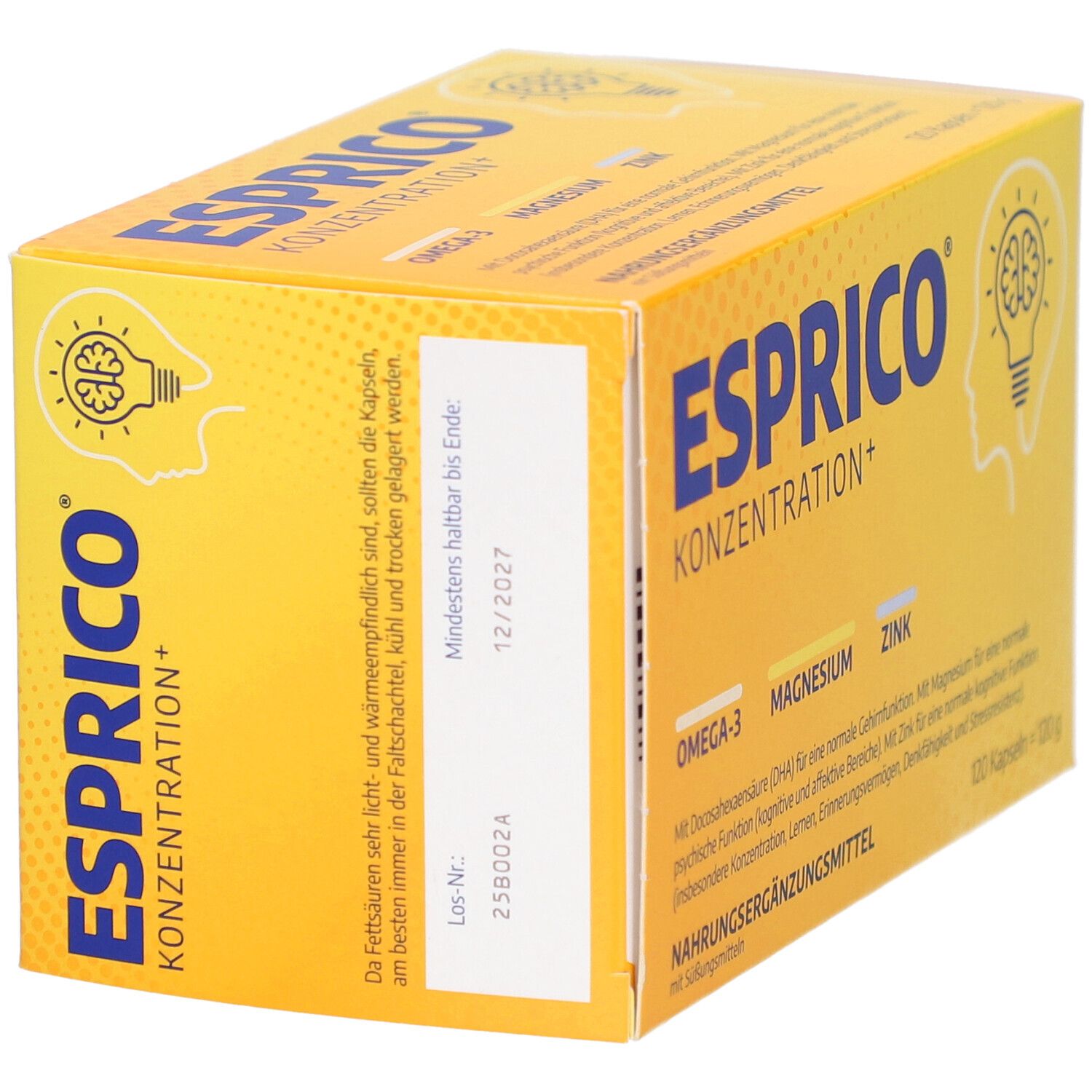 Gelbe Schachtel ESPRICO KONZENTRATION+. Enthält Omega-3, Magnesium, Zink. Mindestens haltbar bis 12/2027. Illustration einer Glühbirne mit Gehirn.