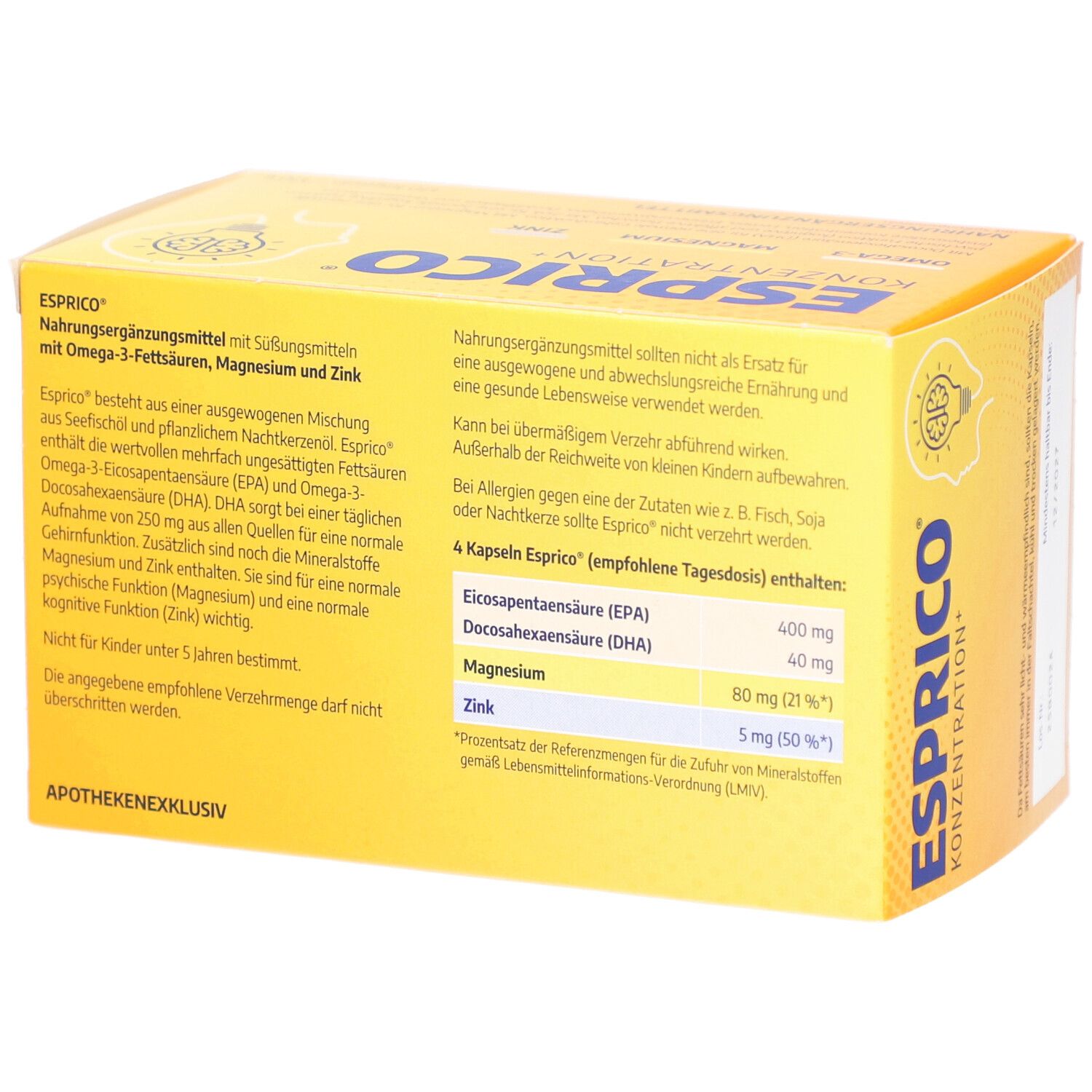 Rückseite der gelben Schachtel ESPRICO KONZENTRATION+. Enthält Omega-3, Magnesium, Zink. Apothekenexklusiv. Inhaltsangaben und Warnhinweise.