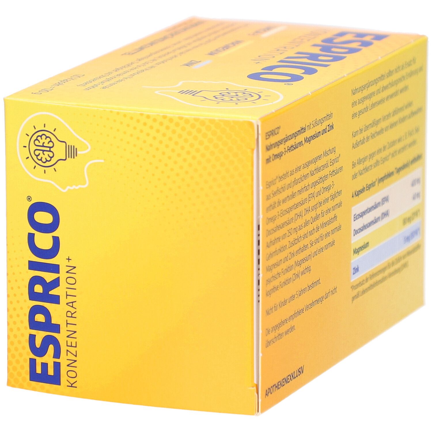 Gelbe Schachtel ESPRICO KONZENTRATION+. Enthält Omega-3, Magnesium, Zink. Rückseite mit Inhaltsangaben. Illustration einer Glühbirne mit Gehirn.