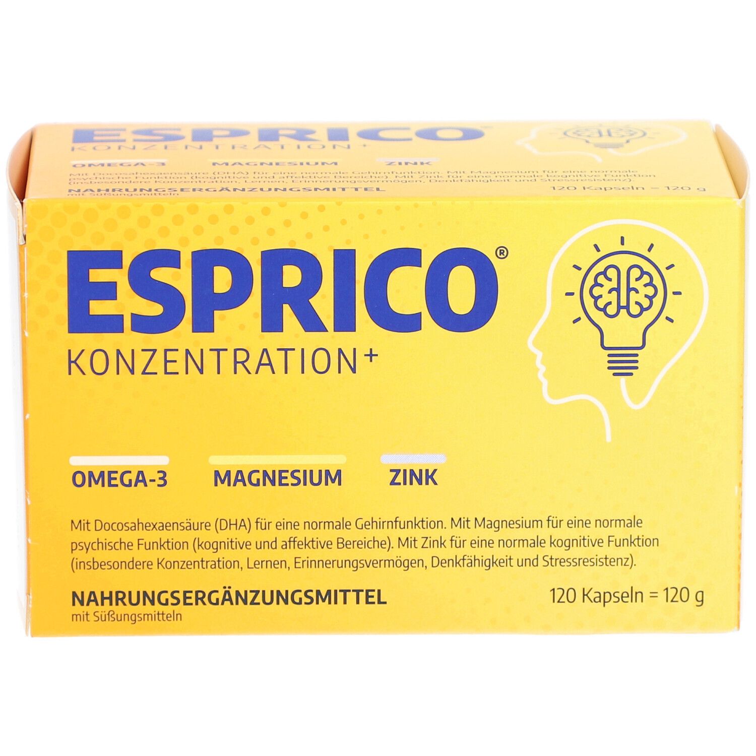 Gelbe Schachtel ESPRICO KONZENTRATION+. Enthält Omega-3, Magnesium, Zink. 120 Kapseln = 120 g. Illustration einer Glühbirne mit Gehirn.
