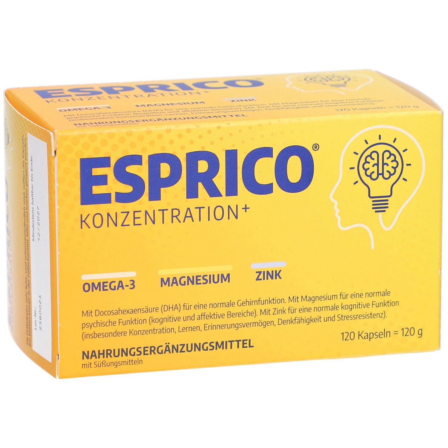 Gelbe Schachtel ESPRICO KONZENTRATION+. Enthält Omega-3, Magnesium, Zink. 120 Kapseln = 120 g. Illustration einer Glühbirne mit Gehirn.