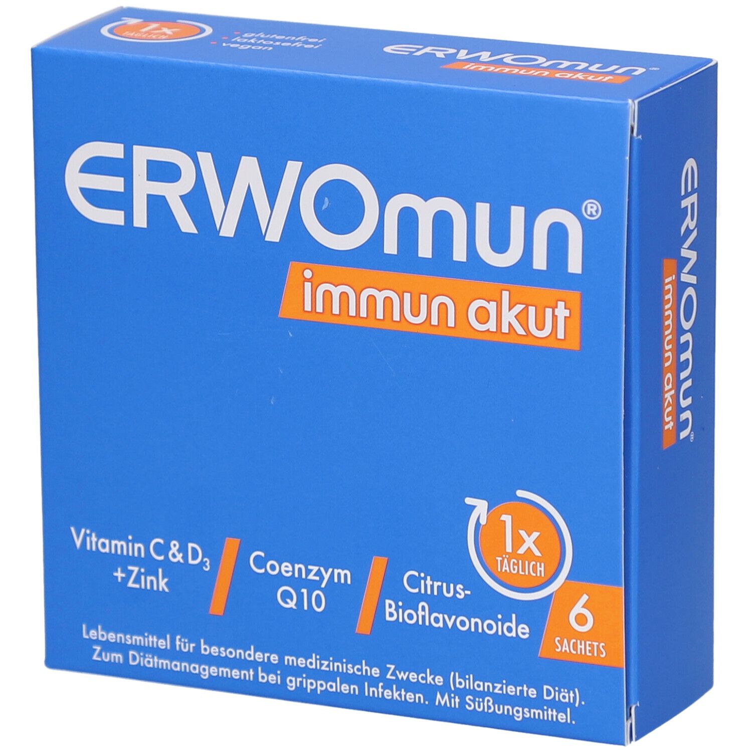 Blauer Karton mit ERWOMUN Immun Akut. Enthält Vitamin C & D3 + Zink, Coenzym Q10, Citrus-Bioflavonoide. 6 Sachets.