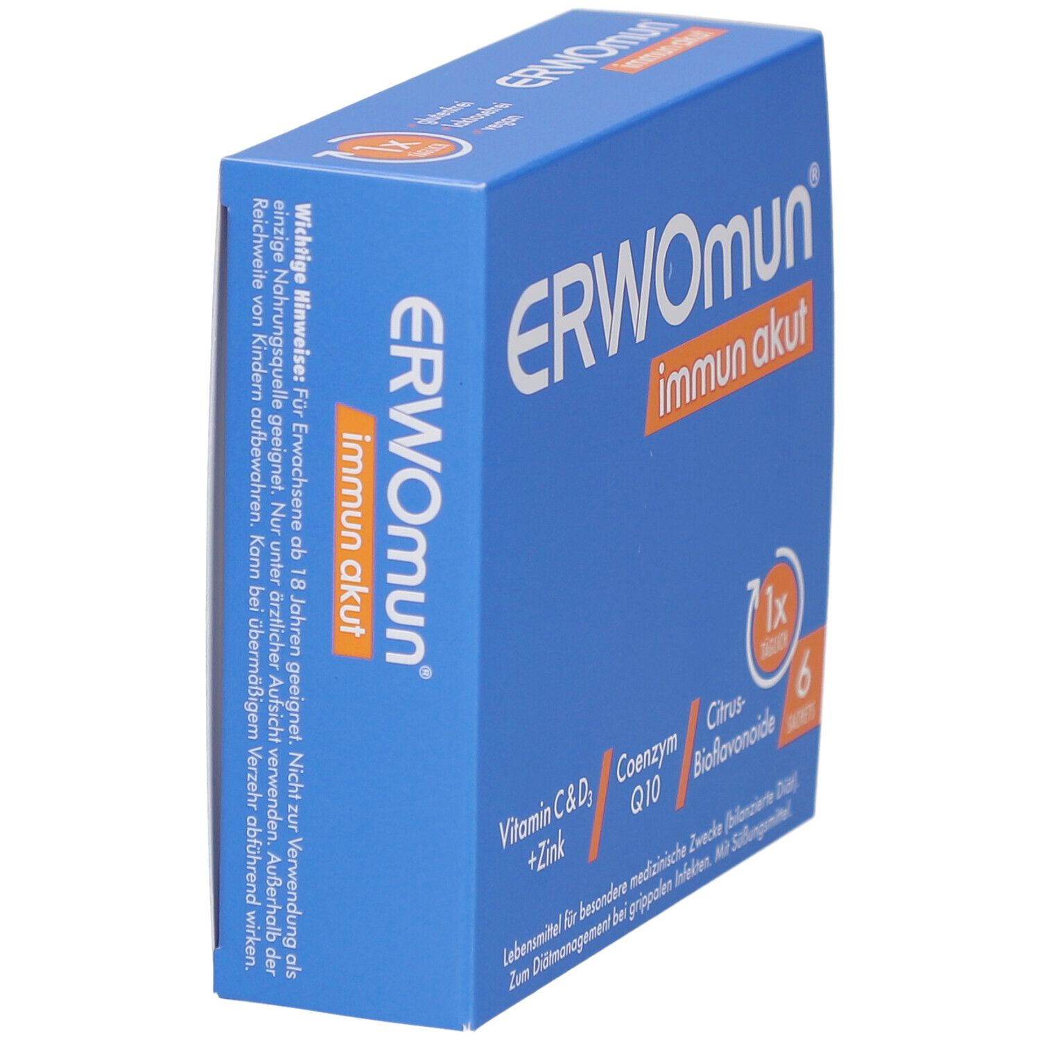 Blaue Schachtel ERWOMUN Immun Akut. Seitenansicht. Enthält Vitamin C & D3 + Zink, Coenzym Q10, Citrus-Bioflavonoide.