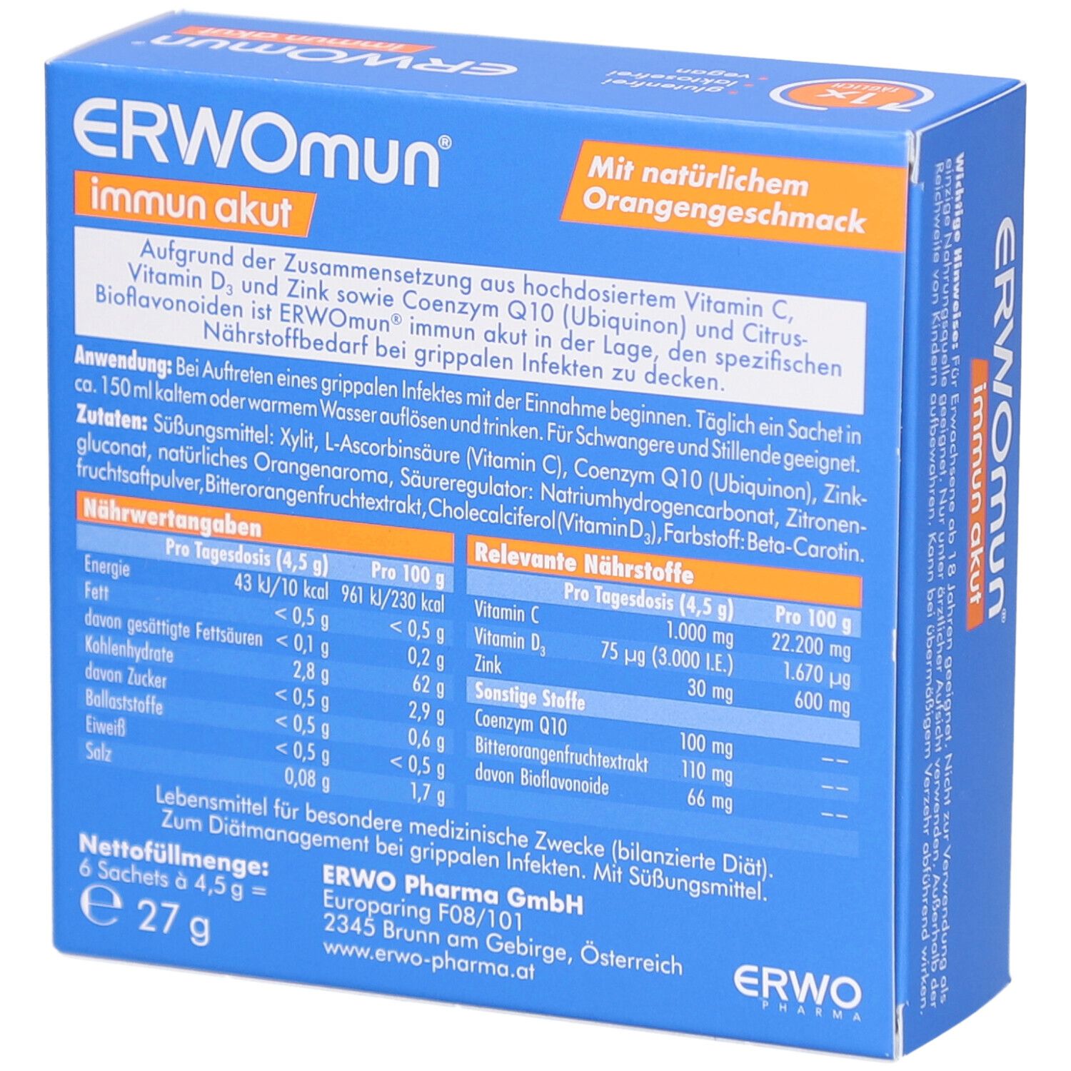 Rückseite der blauen Schachtel ERWOMUN Immun Akut. Enthält Nährwertangaben und Inhaltsstoffe. Mit natürlichem Orangengeschmack.