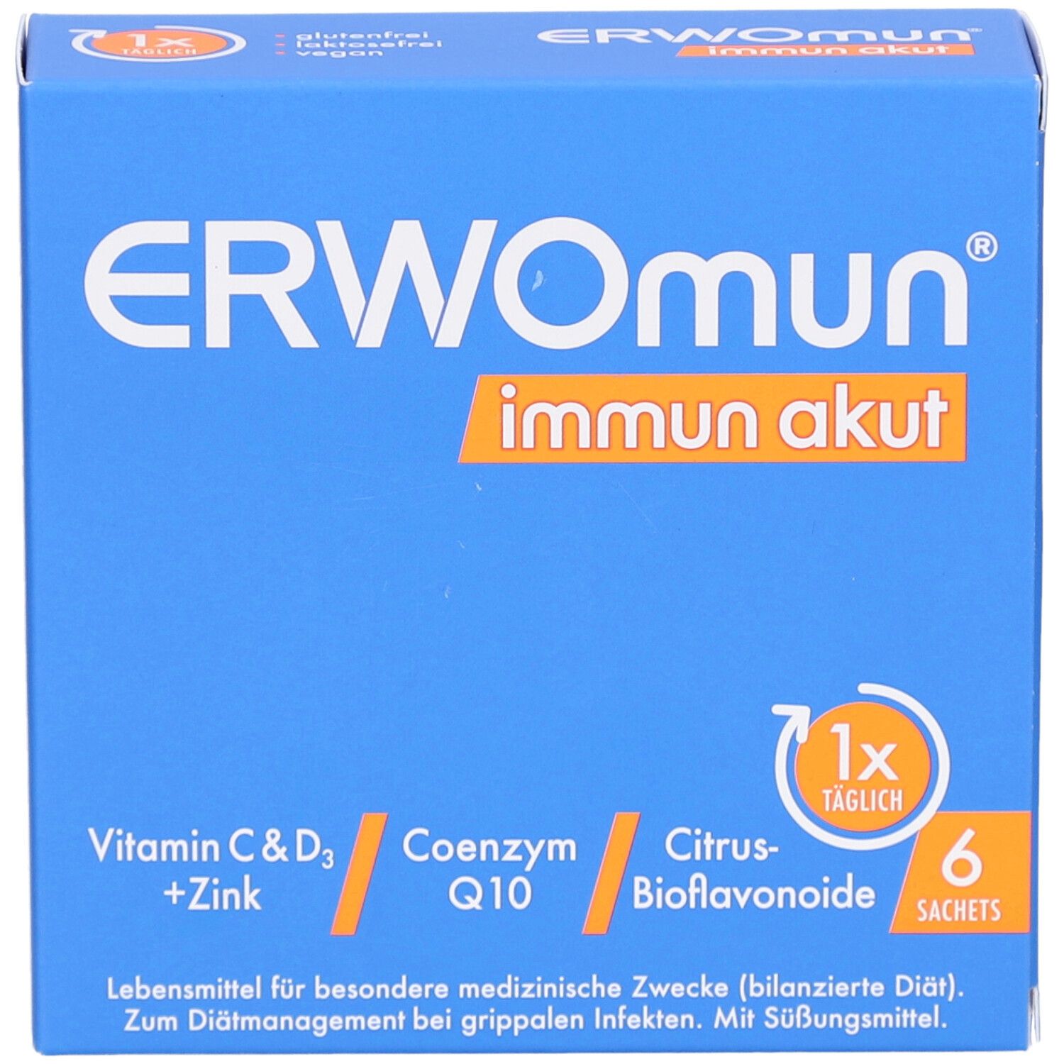 Blaue Schachtel ERWOMUN Immun Akut. Enthält Vitamin C & D3 + Zink, Coenzym Q10, Citrus-Bioflavonoide. 6 Sachets.