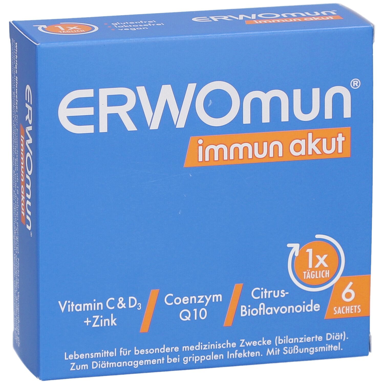 Blaue Schachtel ERWOMUN Immun Akut. Enthält Vitamin C & D3 + Zink, Coenzym Q10, Citrus-Bioflavonoide. 6 Sachets.