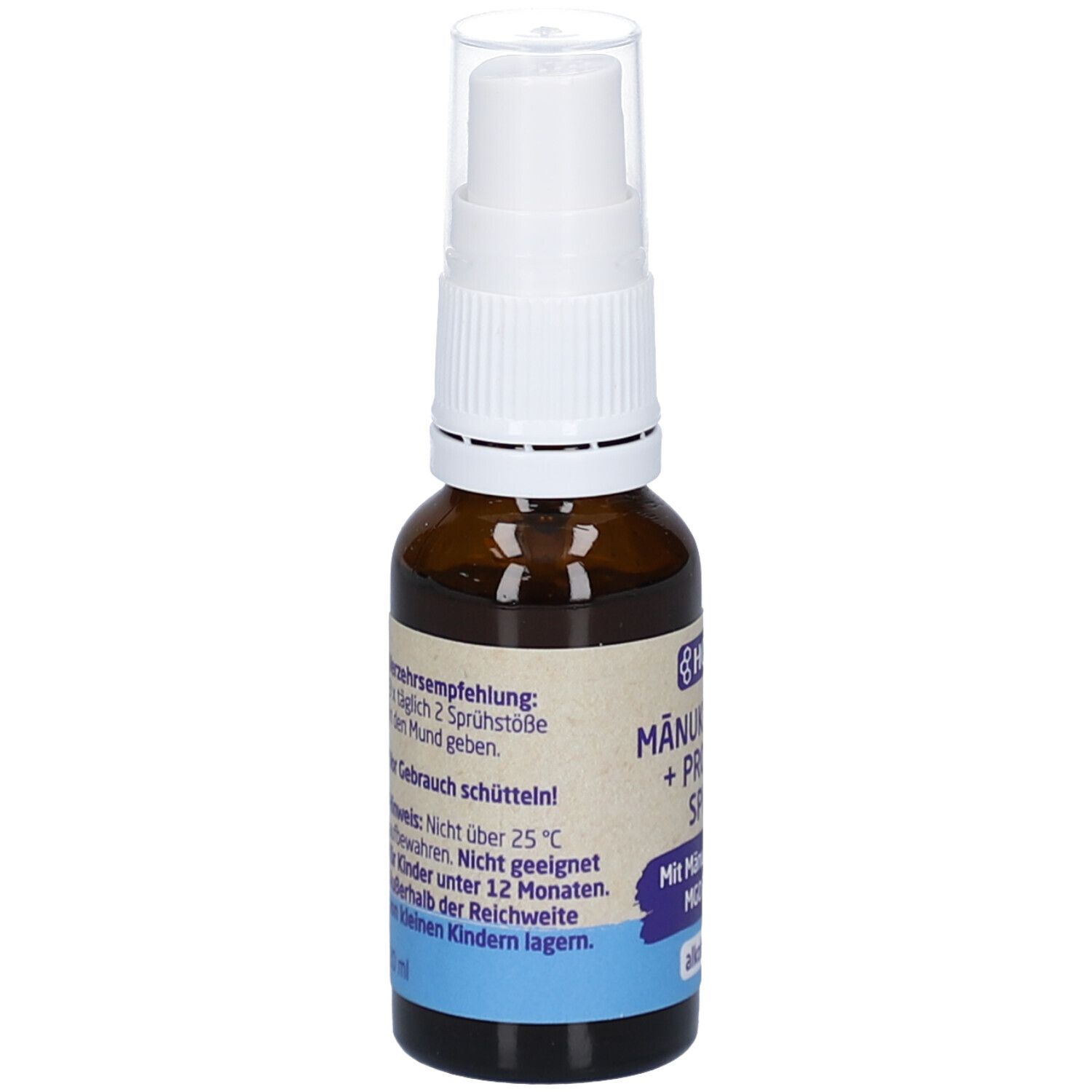 Braune Glasflasche mit weißem Sprühkopf. Aufschrift: Mānuka Honig + Propolis Spray. Mit Mānuka Honig MGO 300+. Alkohol frei. Text auf Etikett.