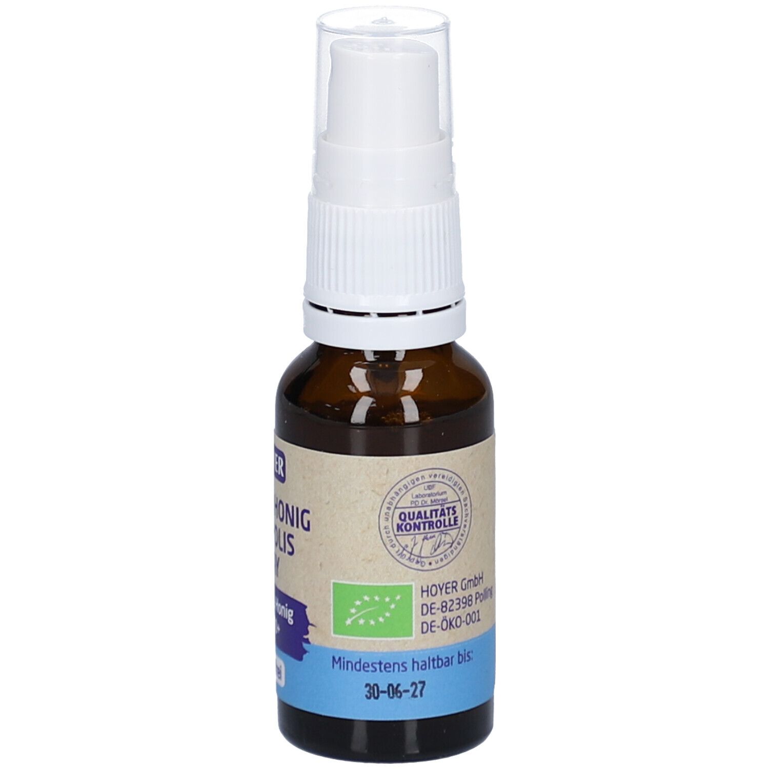 Braune Glasflasche mit weißem Sprühkopf. Aufschrift: Mānuka Honig + Propolis Spray. Mindestens haltbar bis 30-06-27.