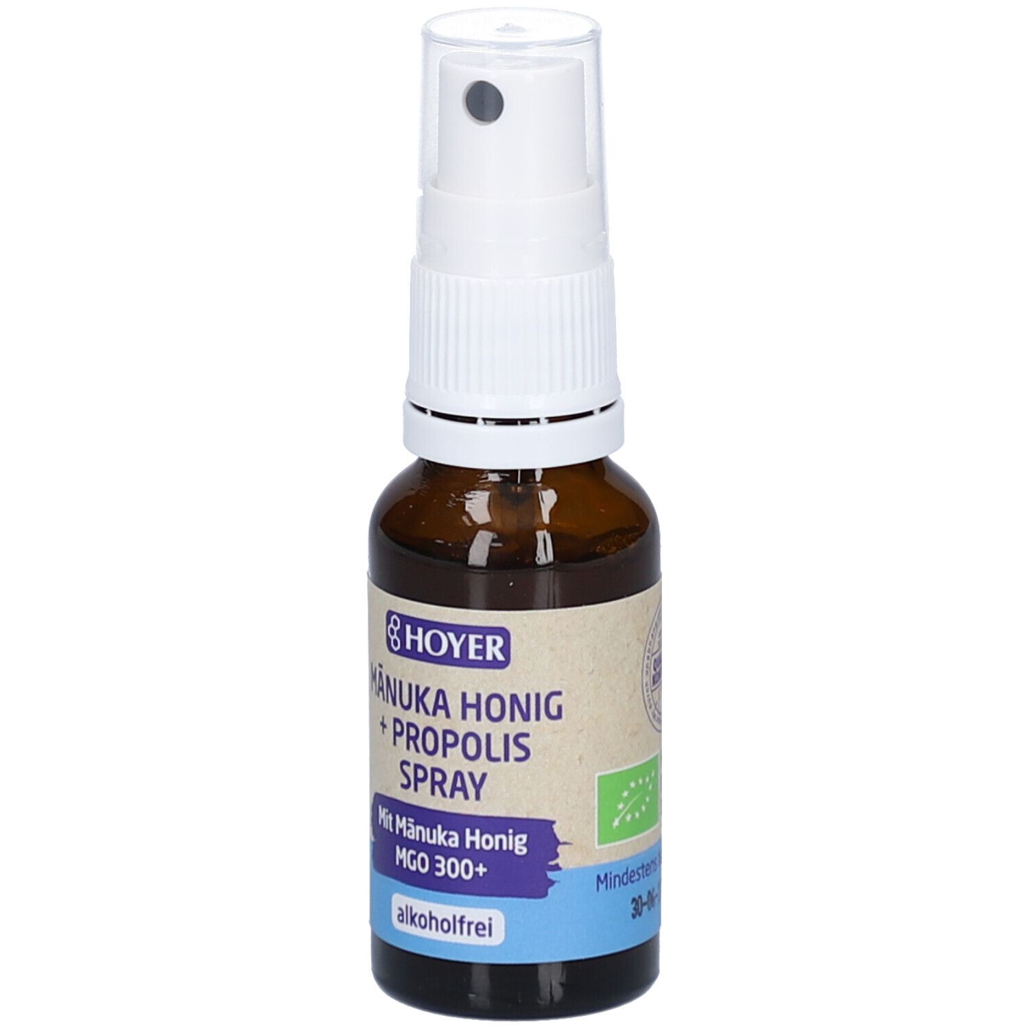 Braune Glasflasche mit weißem Sprühkopf. Aufschrift: Mānuka Honig + Propolis Spray. Mit Mānuka Honig MGO 300+. Alkohol frei.