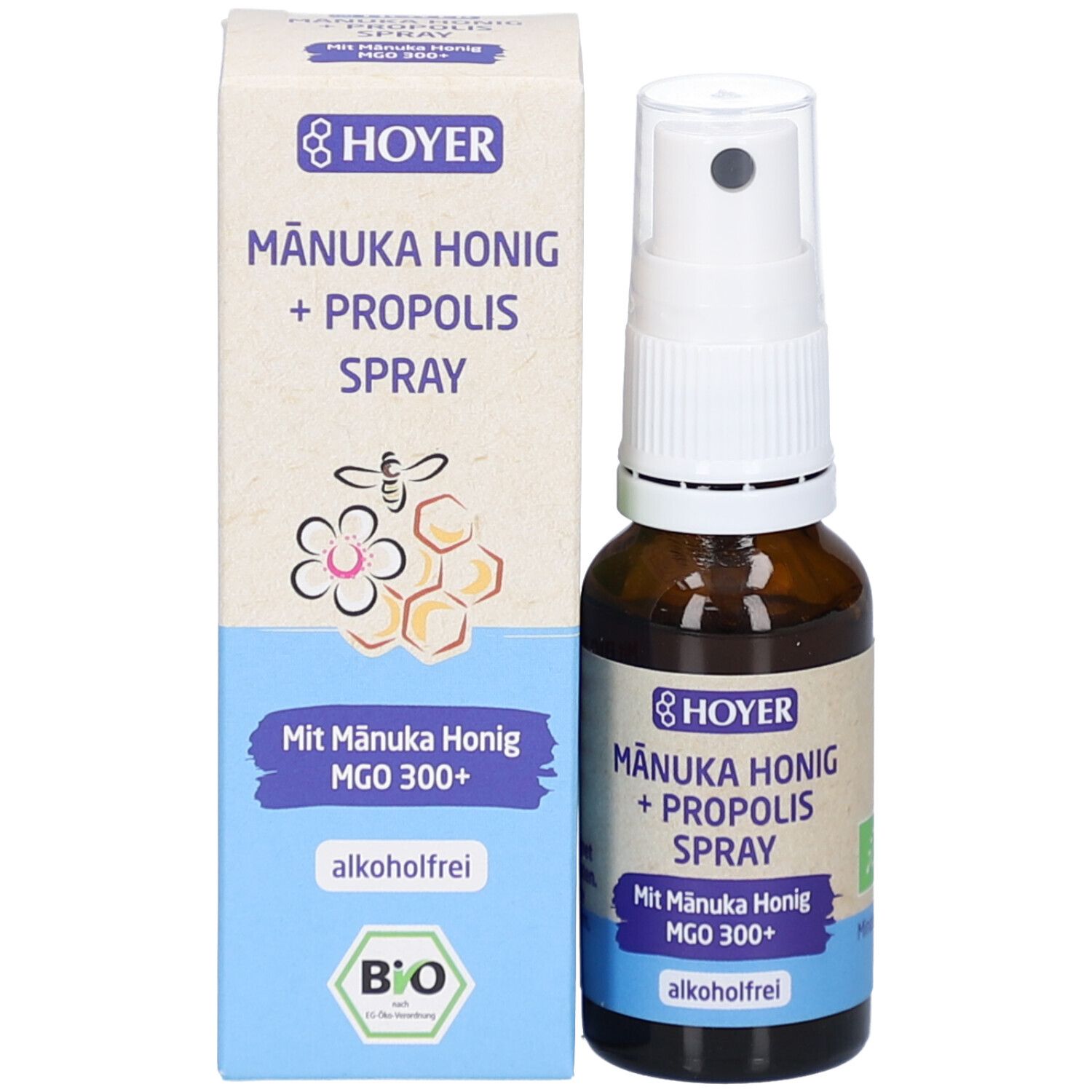 Produktverpackung und Flasche. Aufschrift: Mānuka Honig + Propolis Spray. Mit Mānuka Honig MGO 300+. Alkohol frei. BIO-Siegel.