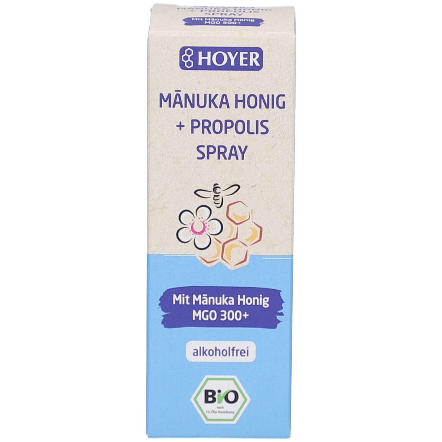 Produktverpackung. Aufschrift: Mānuka Honig + Propolis Spray. Mit Mānuka Honig MGO 300+. Alkohol frei. BIO-Siegel.
