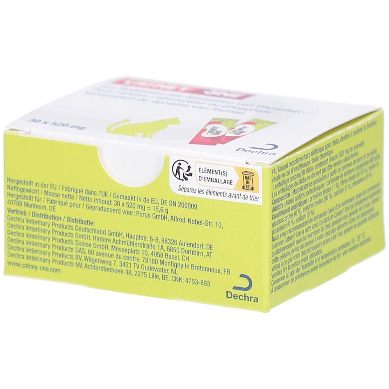 Gelb-weiße Schachtel. Aufschrift: 30 x 520 mg. Logo: Katze. Text: CATNEY ONE. Herstellerinformationen und Recycling-Symbol.